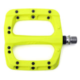 HT Components PA-03A flat pedal in neon yellow with replaceable pins and Cro-Mo axle, showing a close-up of the pedal body.