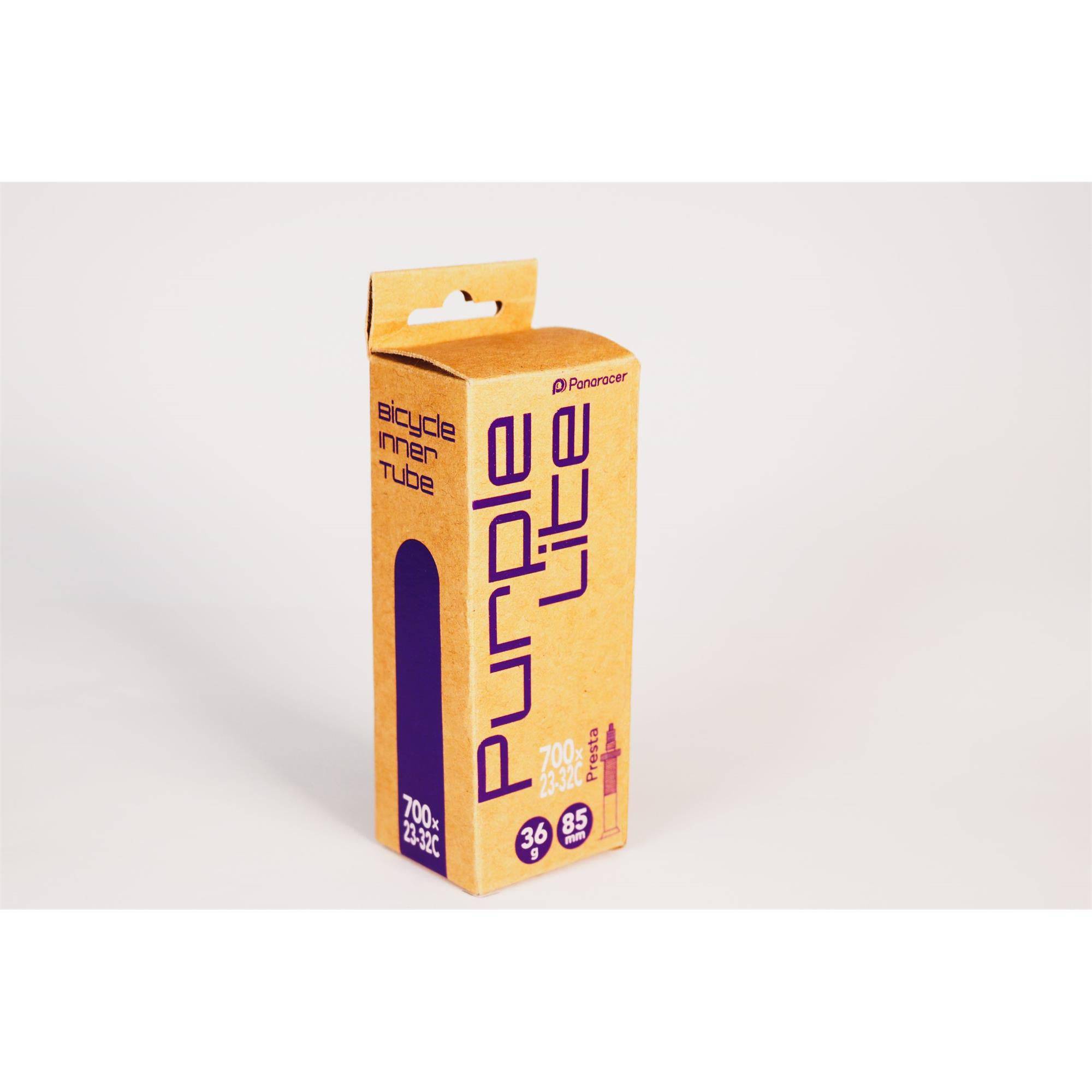 Panaracer Purple Lite TPU road bike inner tube for 23-32c tires with heat-resistant valve tip, designed for cycling components.