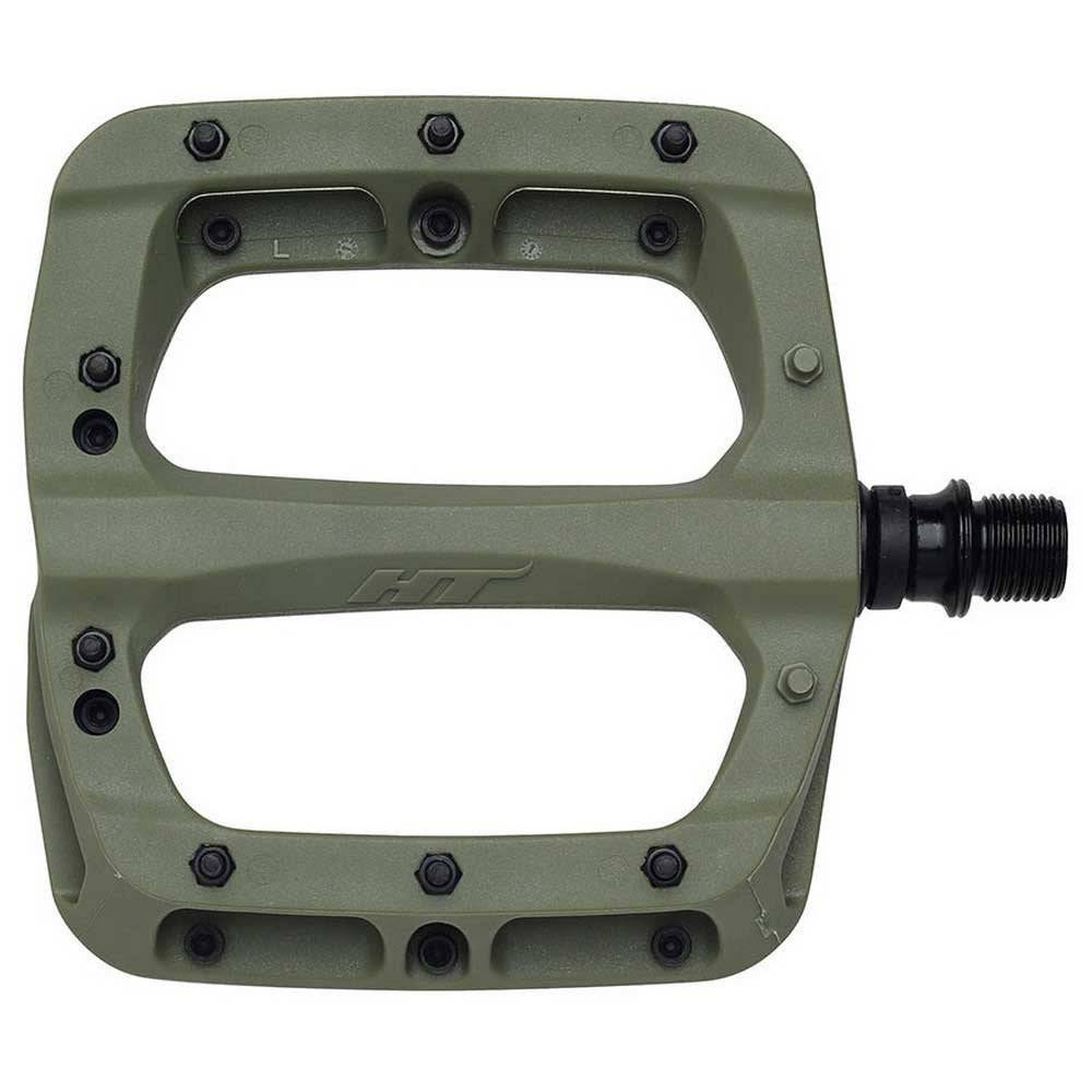 HT Components PA-03A flat pedal with replaceable pins and Cro-Mo axle, featuring a durable metal body for mountain biking.