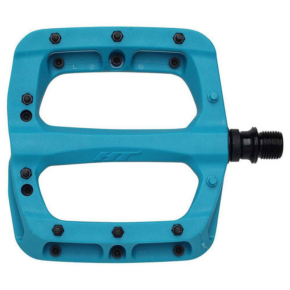 HT Components PA-03A flat pedal with replaceable pins and Cro-Mo axle, shown in black with textured surface and metal pins.