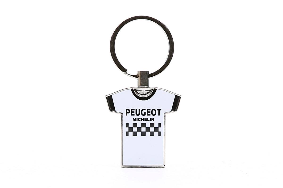 Global Cycling Club Peugeot Michelin aluminium keyring featuring a white Peugeot and Michelin logo cycling accessory.