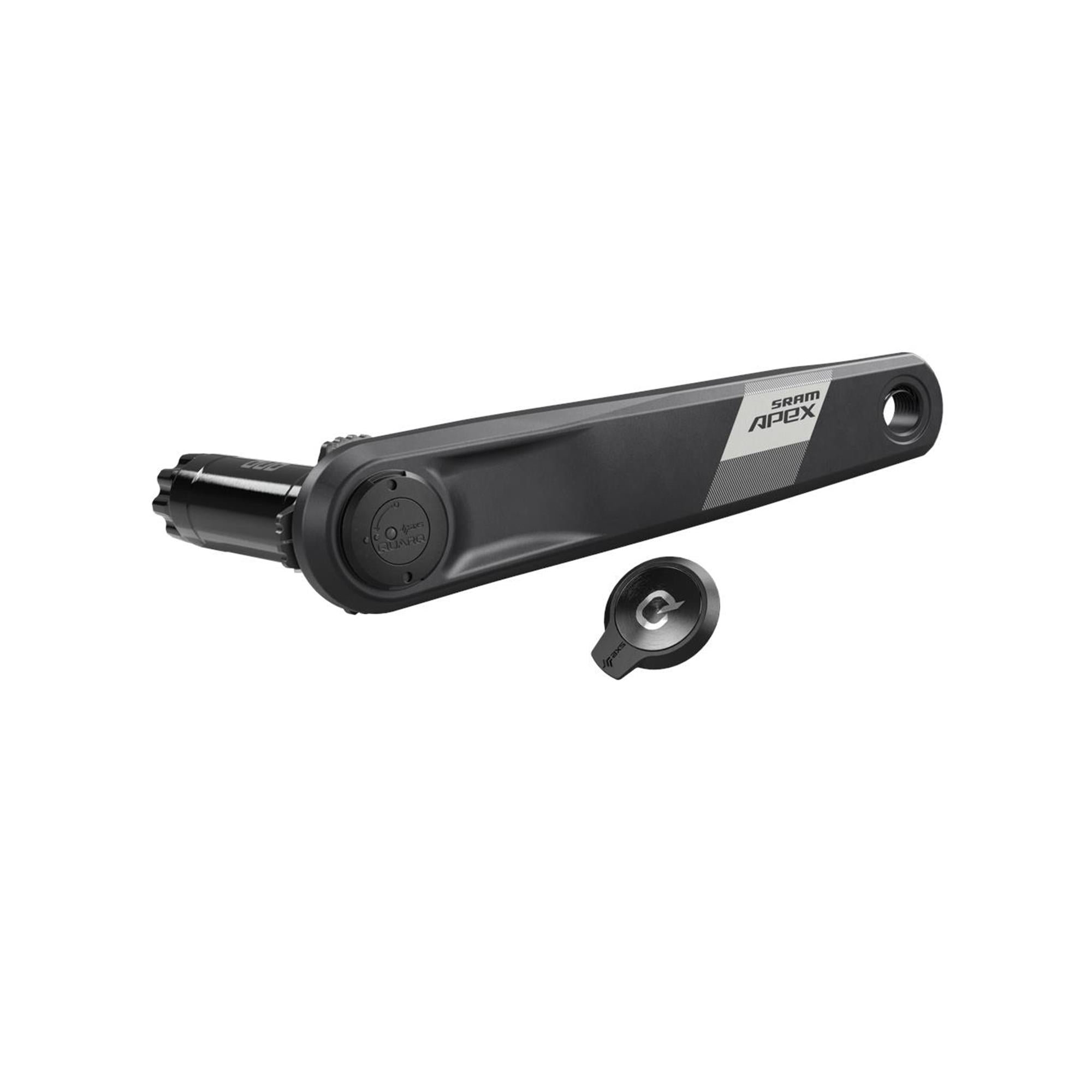 SRAM Apex D1 DUB Wide left arm power meter spindle assembly for crankset, bike component, black finish, detailed close-up.