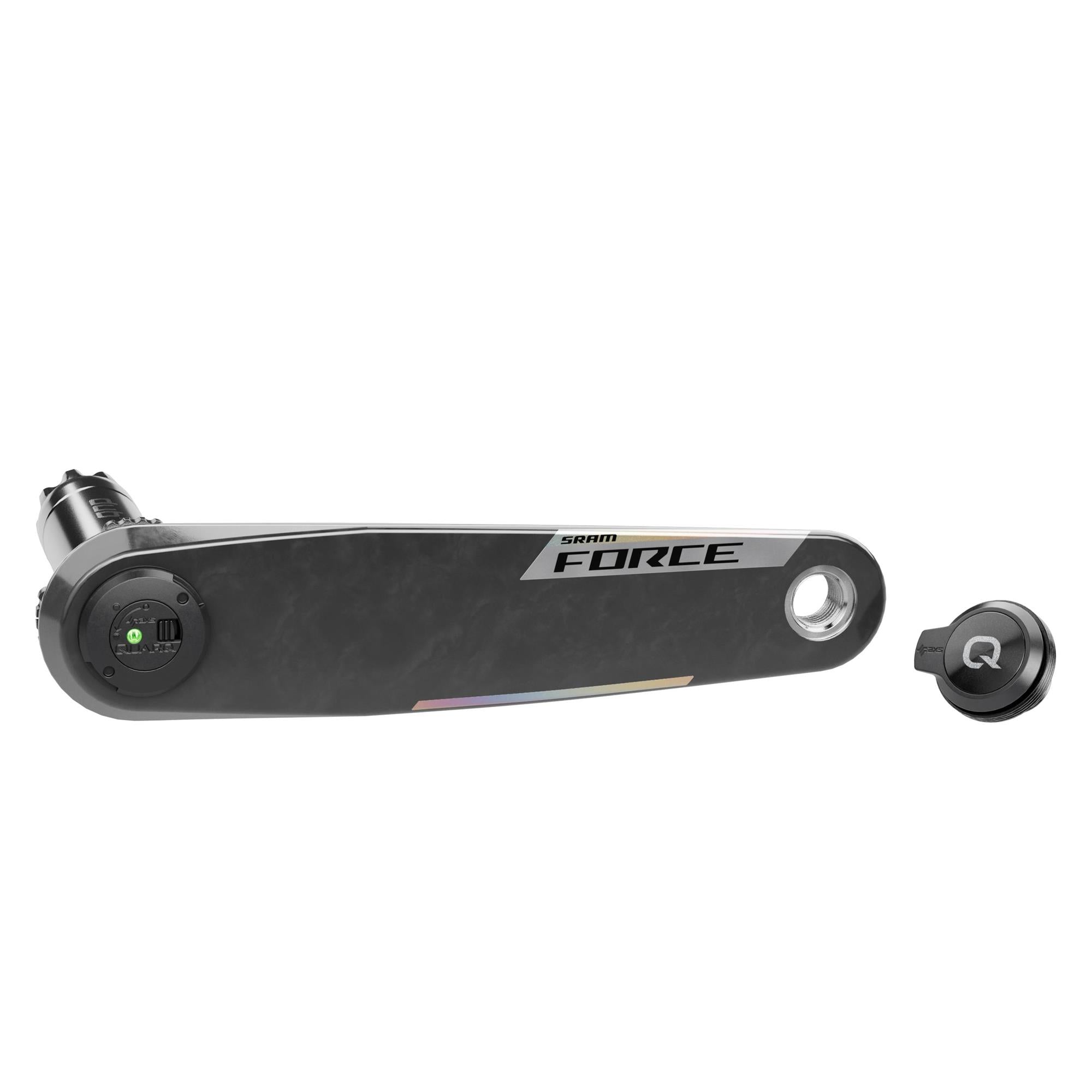 SRAM left arm power meter spindle force for Force AXS road bike components, DUB spindle design, detailed close-up image.