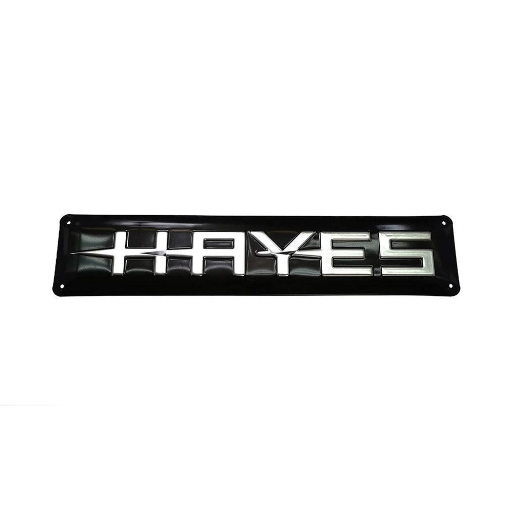 Hayes metal shop sign made of durable aluminum, 15.5 x 3 inches, for indoor workshop identification with bold lettering.