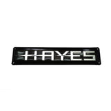Hayes metal shop sign made of durable aluminum, 15.5 x 3 inches, for indoor workshop identification with bold lettering.