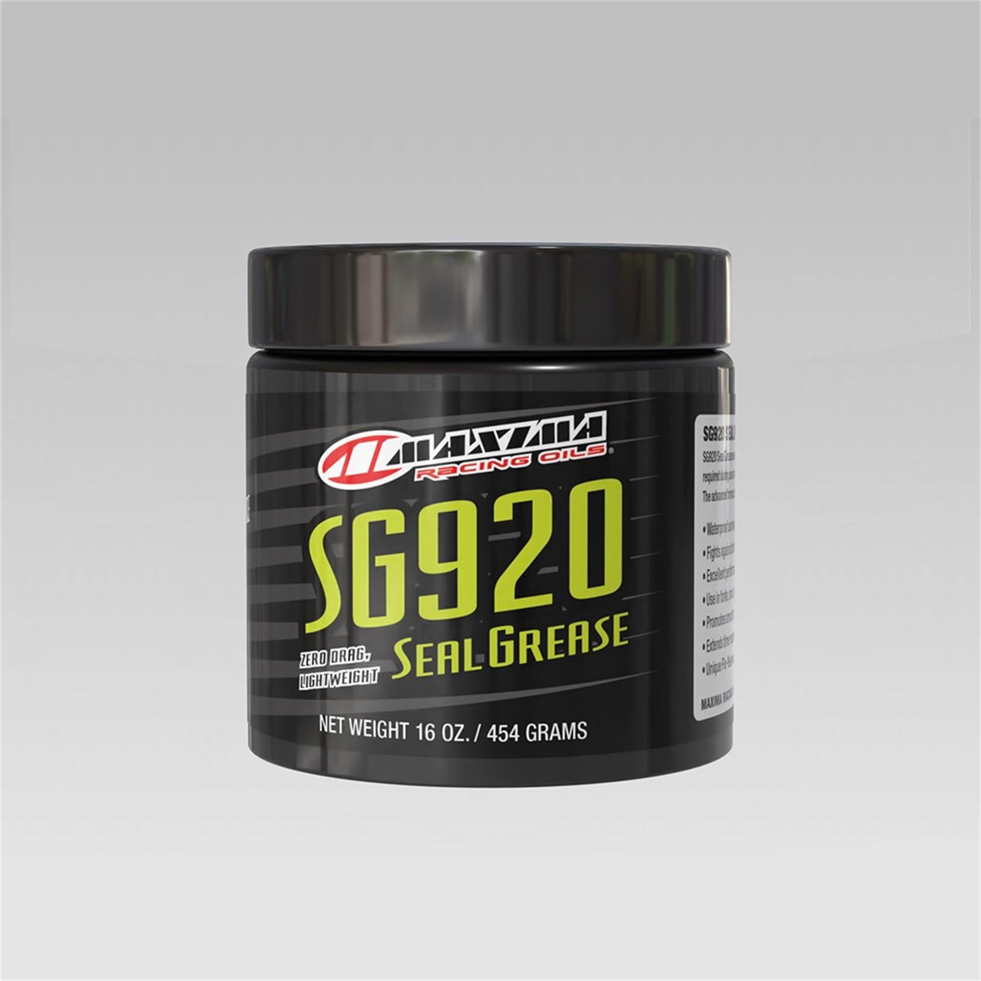 RockShox MAXIMA Grease SG920 suspension grease for forks and shocks, shown in a workshop setting with a tube of grease.