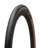 Hutchinson Caracal TR gravel tyre 700x40 with tan wall, tubeless ready and Hardskin protection, mounted on a bike wheel.