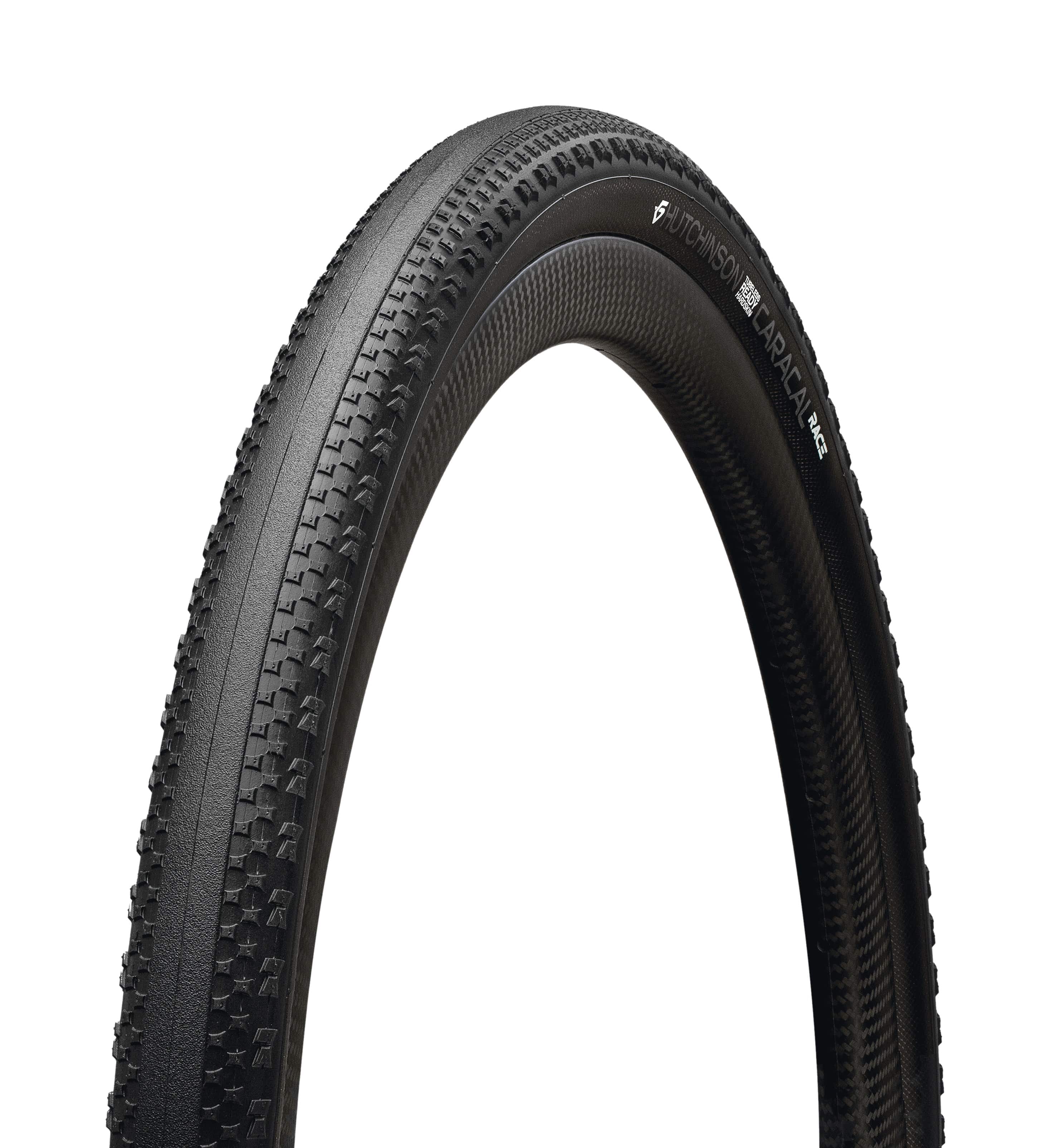 Hutchinson Caracal gravel tire 700x40 black, tubeless-ready, high-performance component for gravel bikes, shown mounted on wheel.