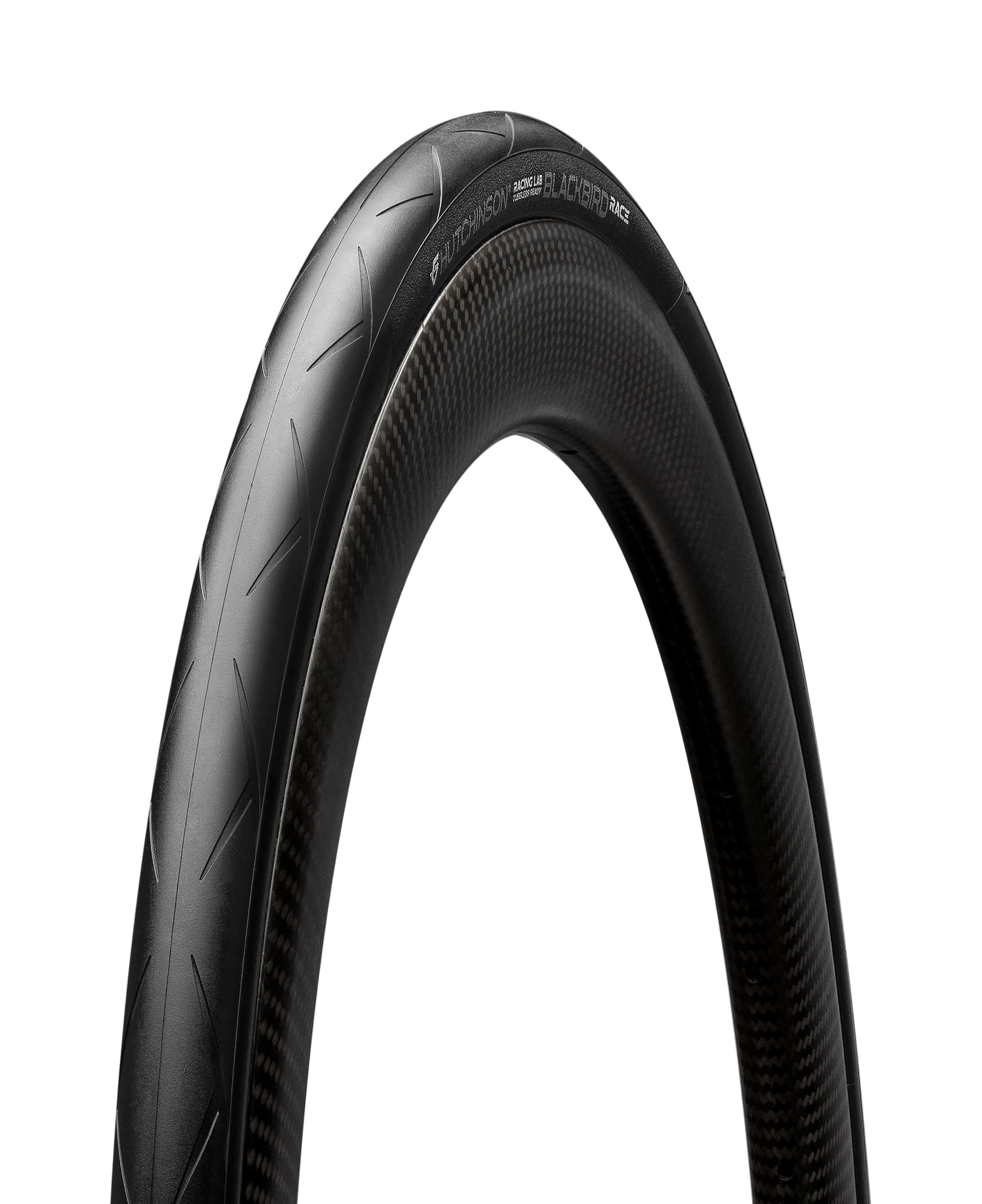 Hutchinson Blackbird Race tubeless-ready hookless road tire mounted on a wheel, showcasing its high-performance design for racing.