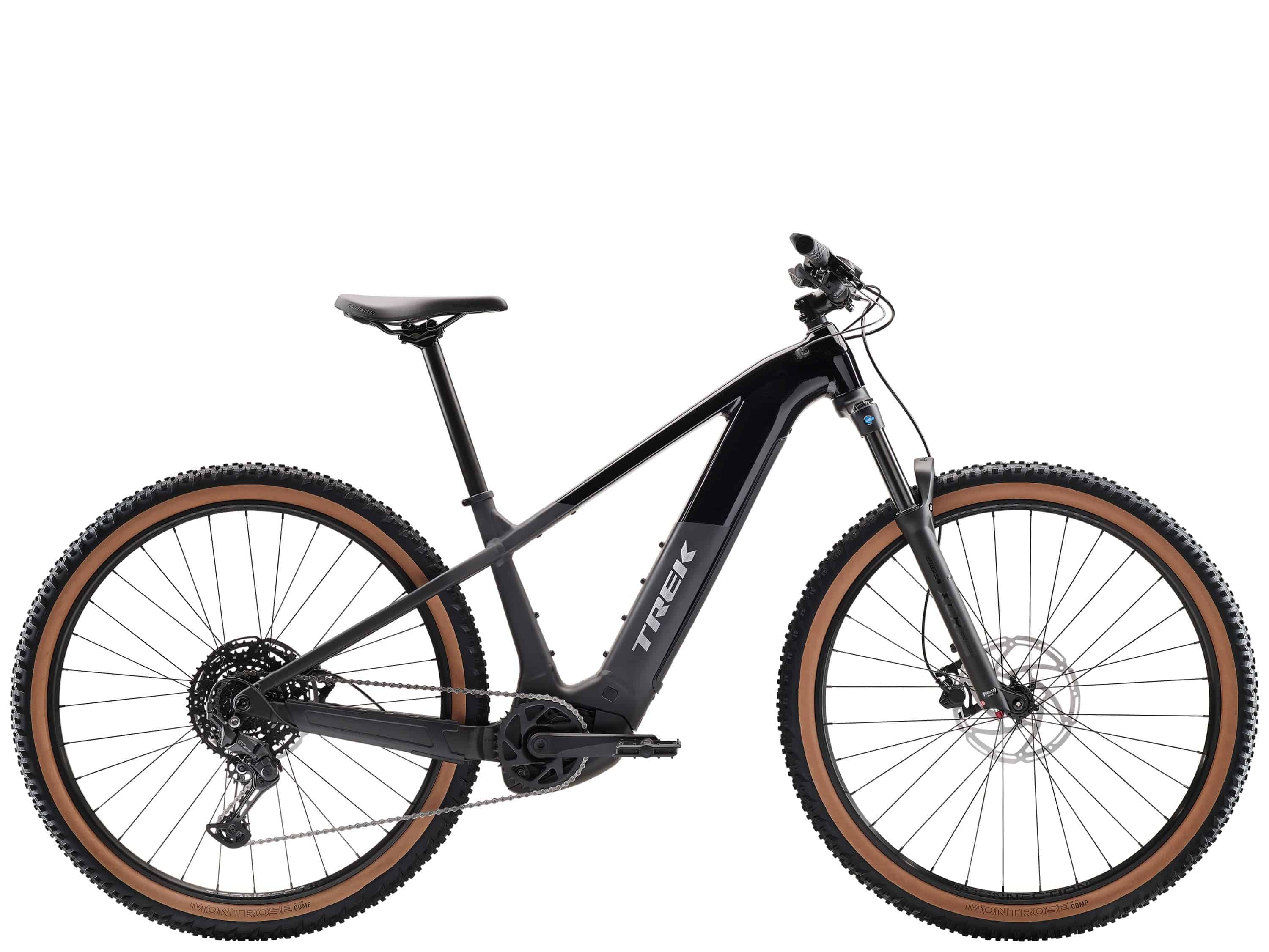 Trek Powerfly+ 4 electric mountain bike with Shimano CUES 10-speed drivetrain and SR Suntour suspension fork.