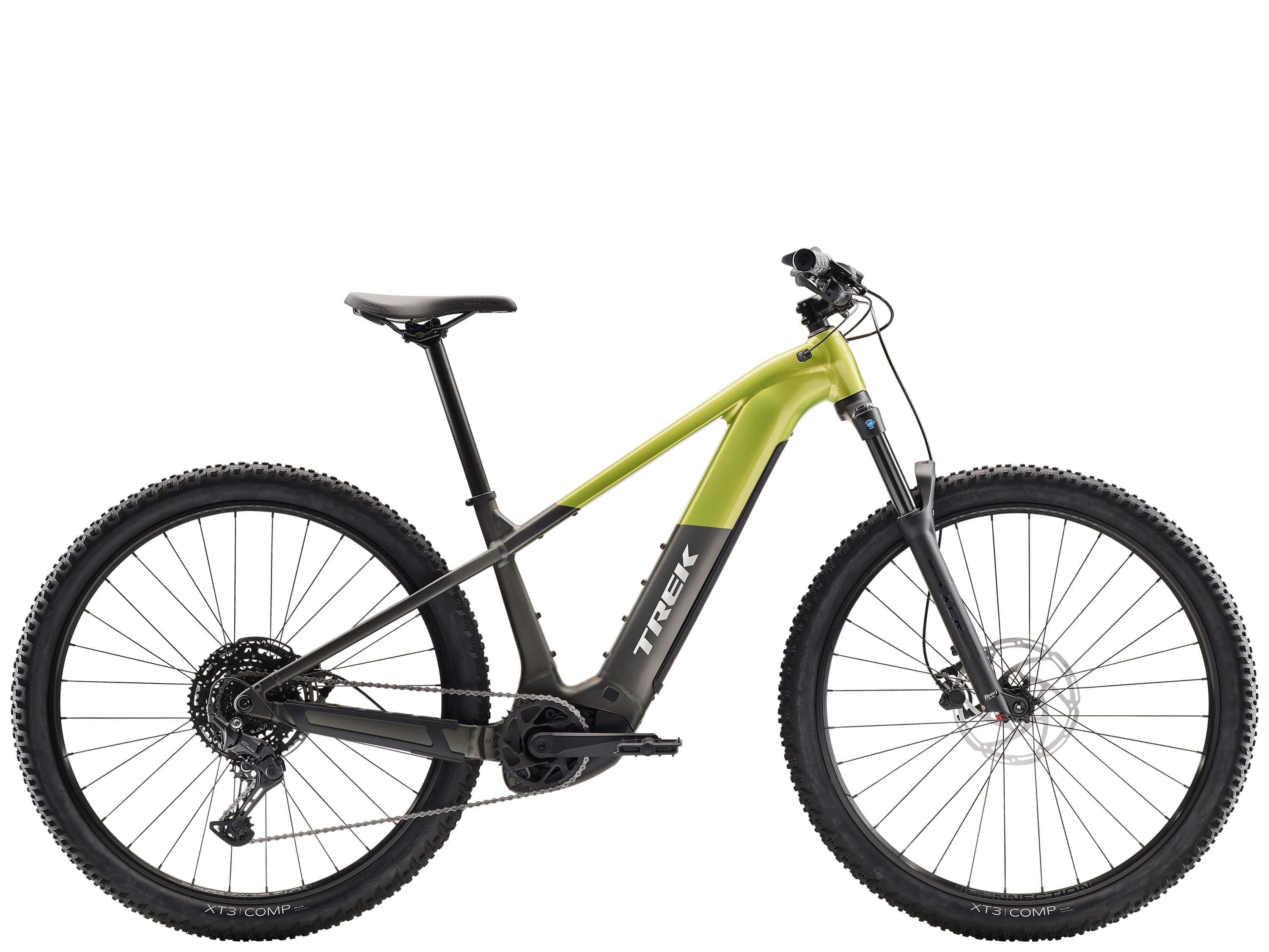 Trek Powerfly+ 4 electric mountain bike with Shimano CUES 10-speed and SR Suntour suspension fork, shown from the side.