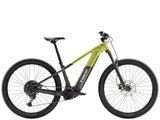 Trek Powerfly+ 4 electric mountain bike with Shimano CUES 10-speed and SR Suntour suspension fork, shown from the side.