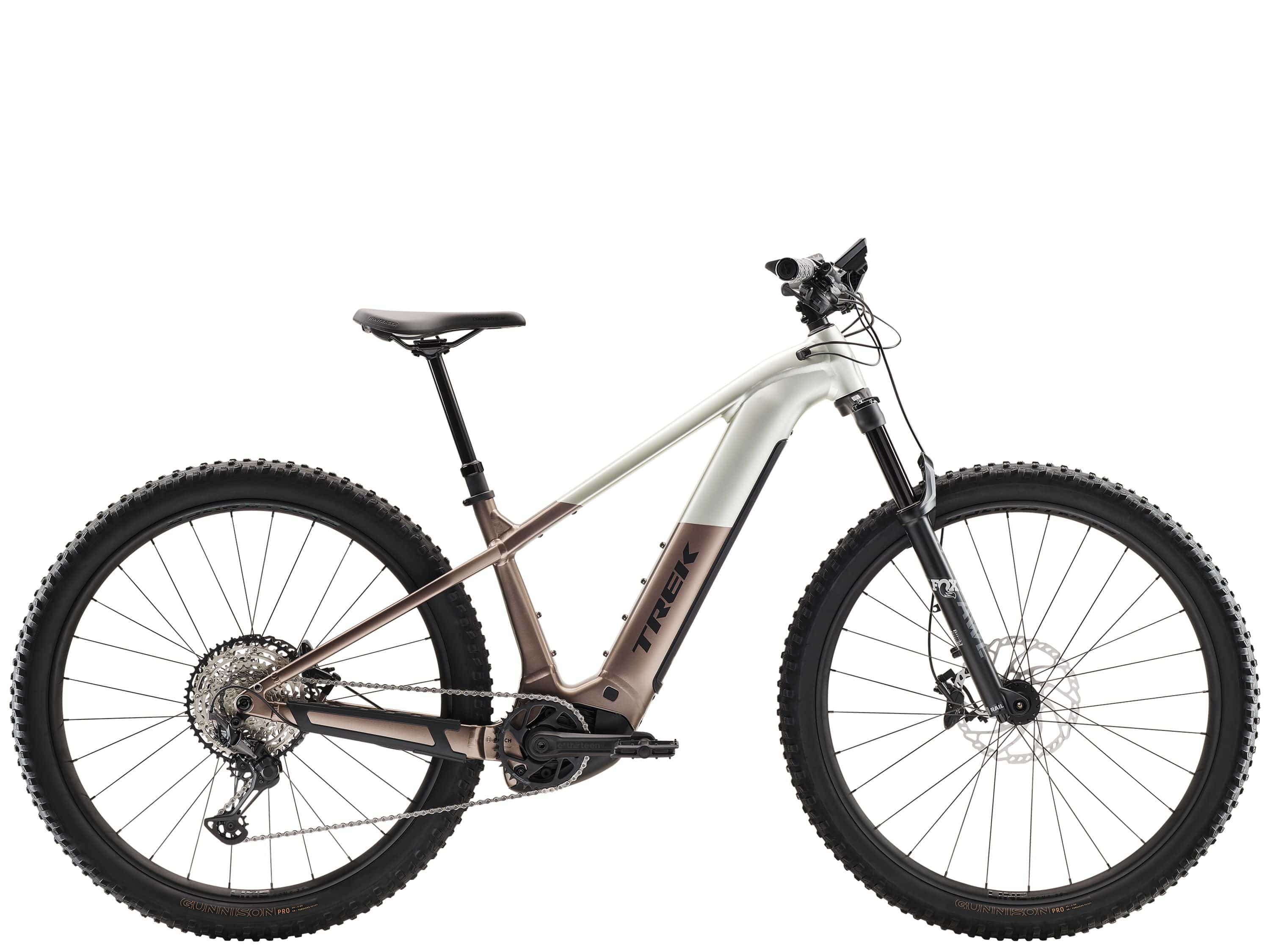 Trek Powerfly+ 8 electric mountain bike with Gen 5 motor and Shimano Deore XT drivetrain, shown from the front angle.