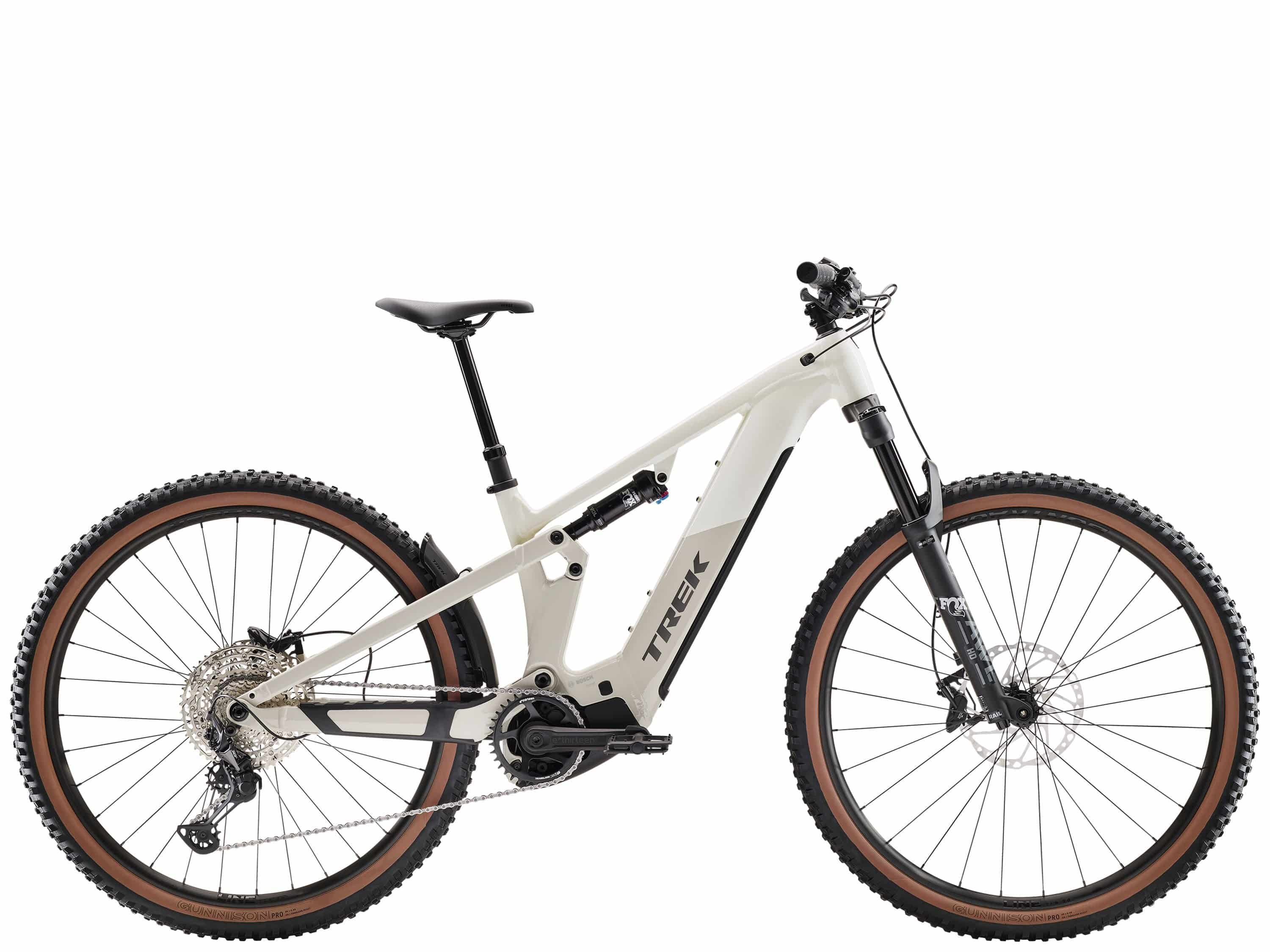 Trek Powerfly FS+ 6 2025 electric mountain bike with Gen 4 system and Shimano Deore XT components, showcasing the bike's frame and wheels.