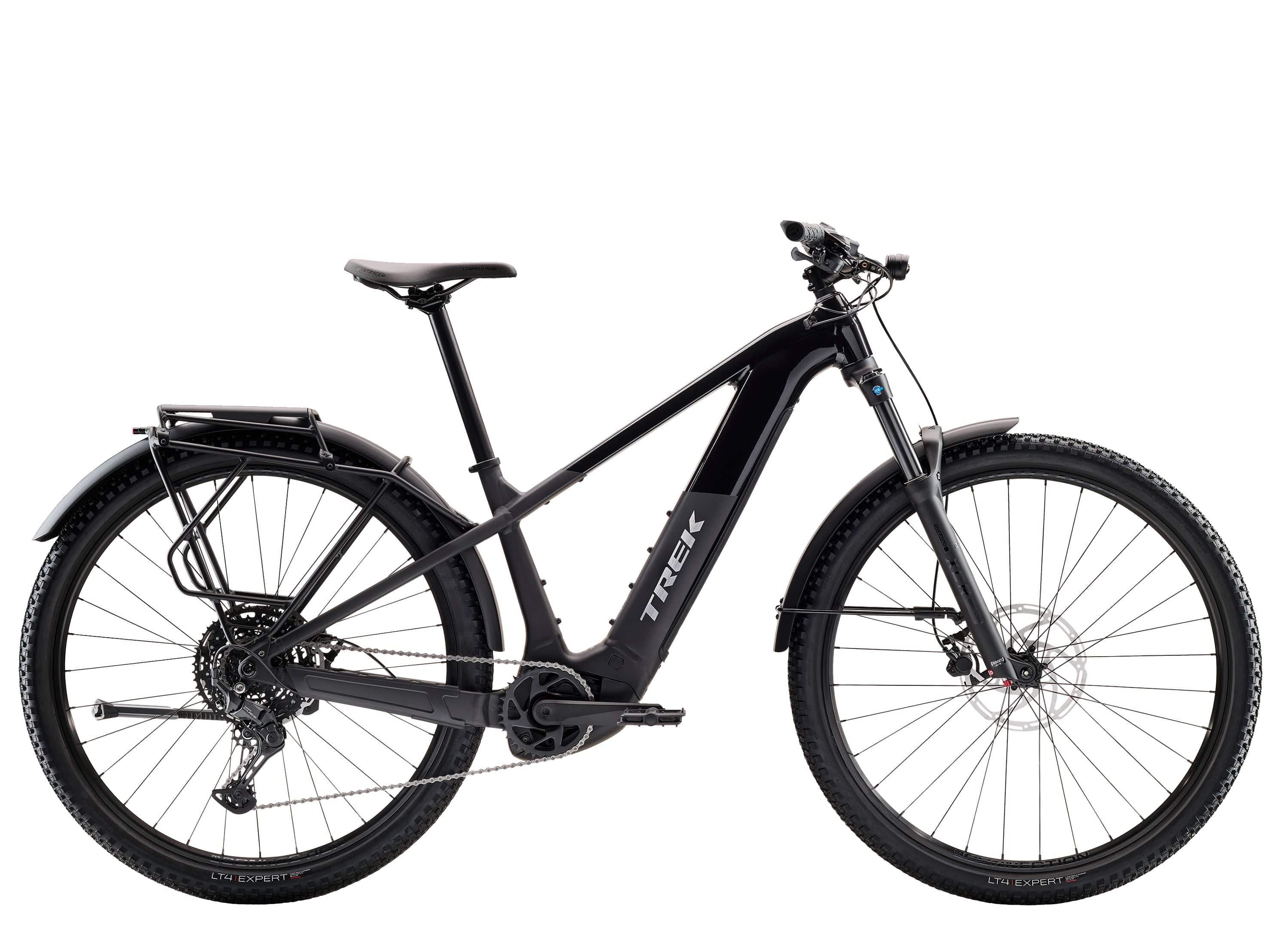 Trek Powerfly+ 4 equipped Gen 5 E-mountain bike with 800Wh removable battery, shown from the side with rugged tires and frame.