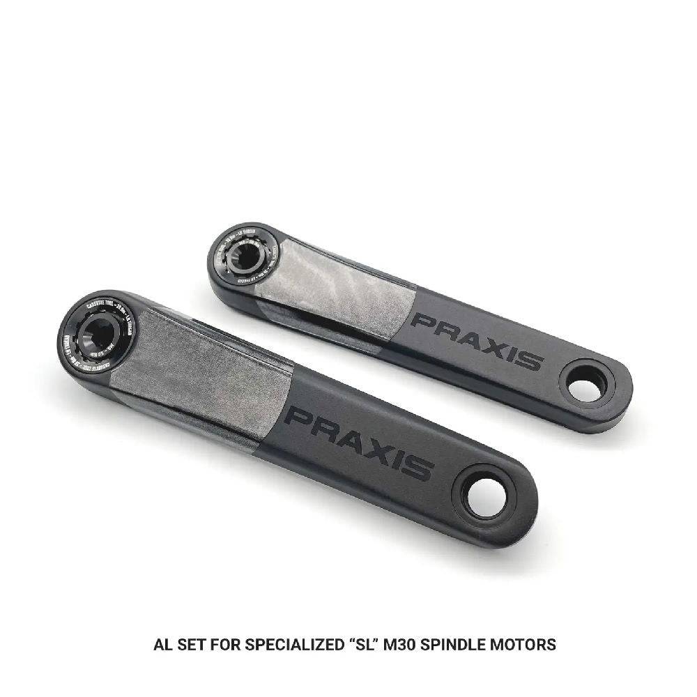 Praxis Works eCrank set for Specialized M30 Levo SL alloy mountain bike cranks, showing the crank arm and chainring details.