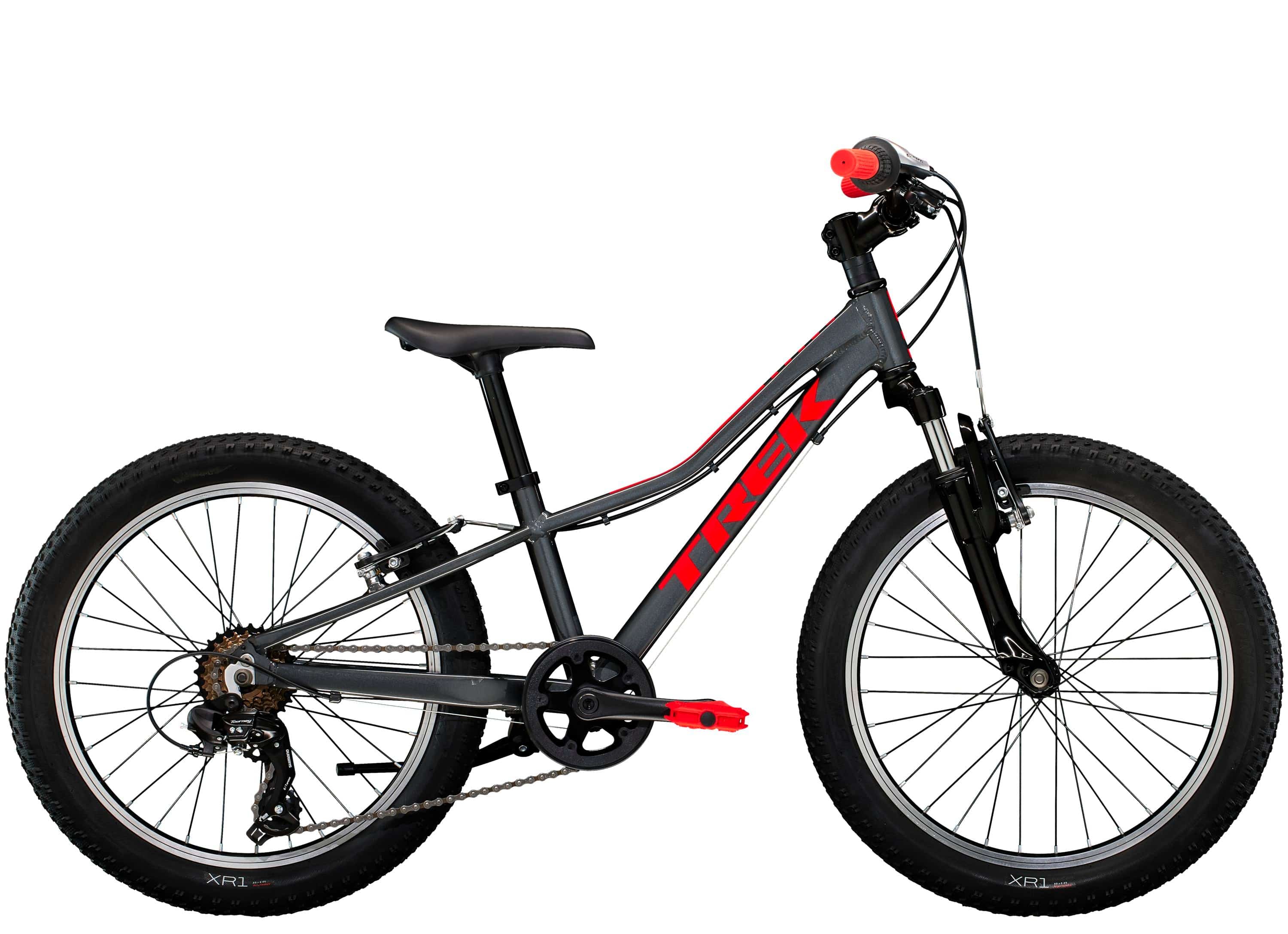 Trek Precaliber 20 kids mountain bike with 7-speed gearing and parent handle, suitable for learning and trail riding.