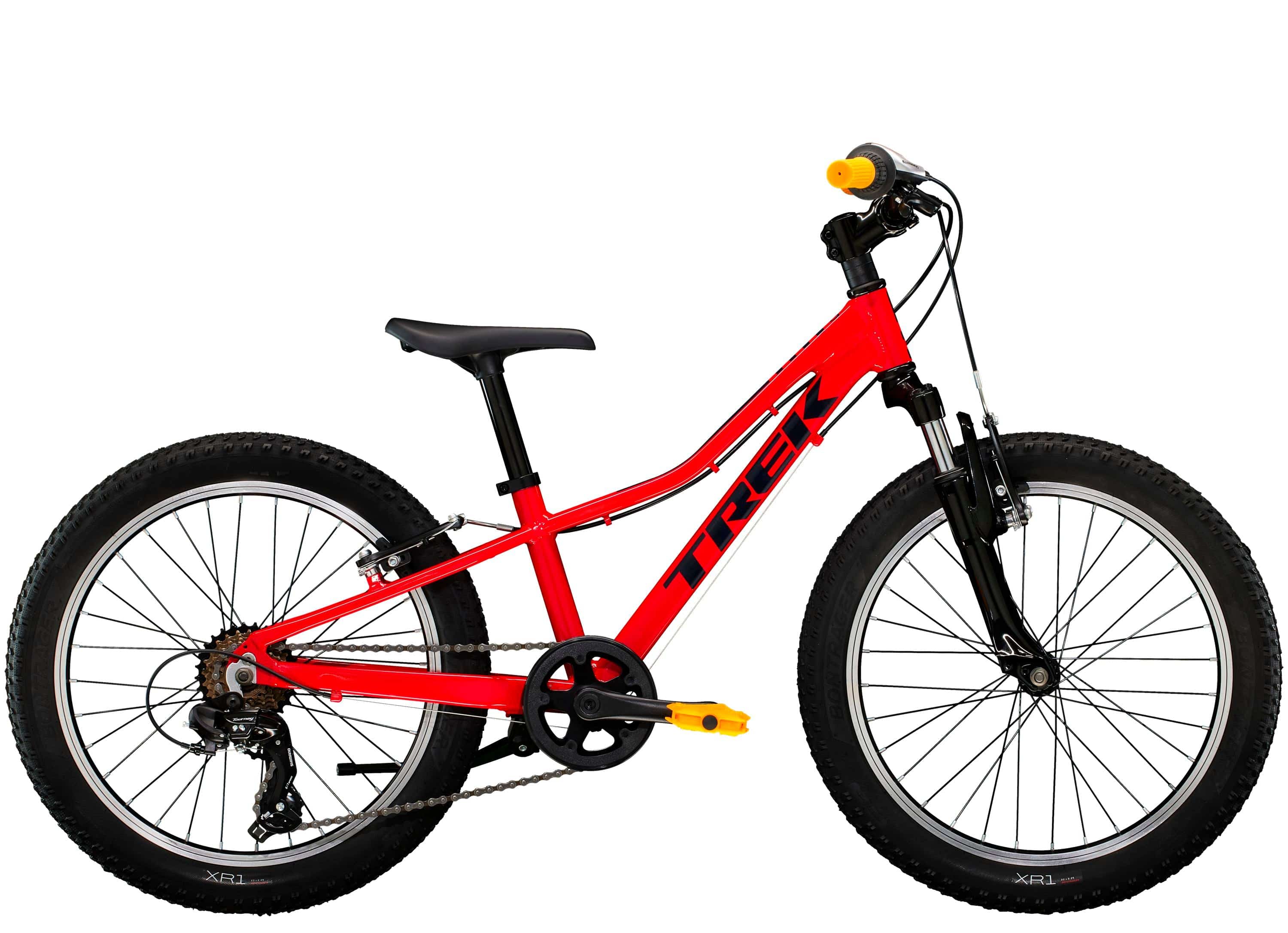 Trek Precaliber 20 kids mountain bike with 7-speed gearing and parent handle for learning and trail riding.