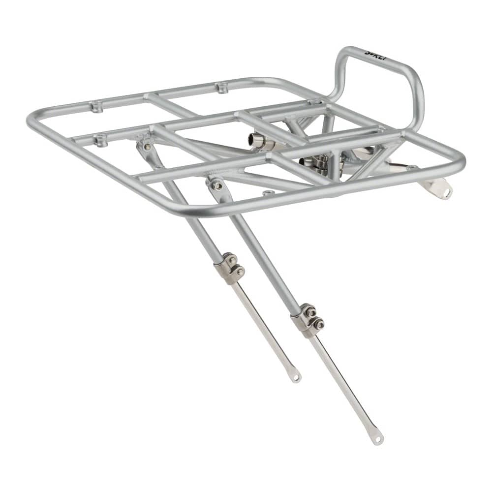 Surly 24-pack front rack Mk II for fat bikes and 29+ wheels with mounting hardware, shown mounted on a bike.