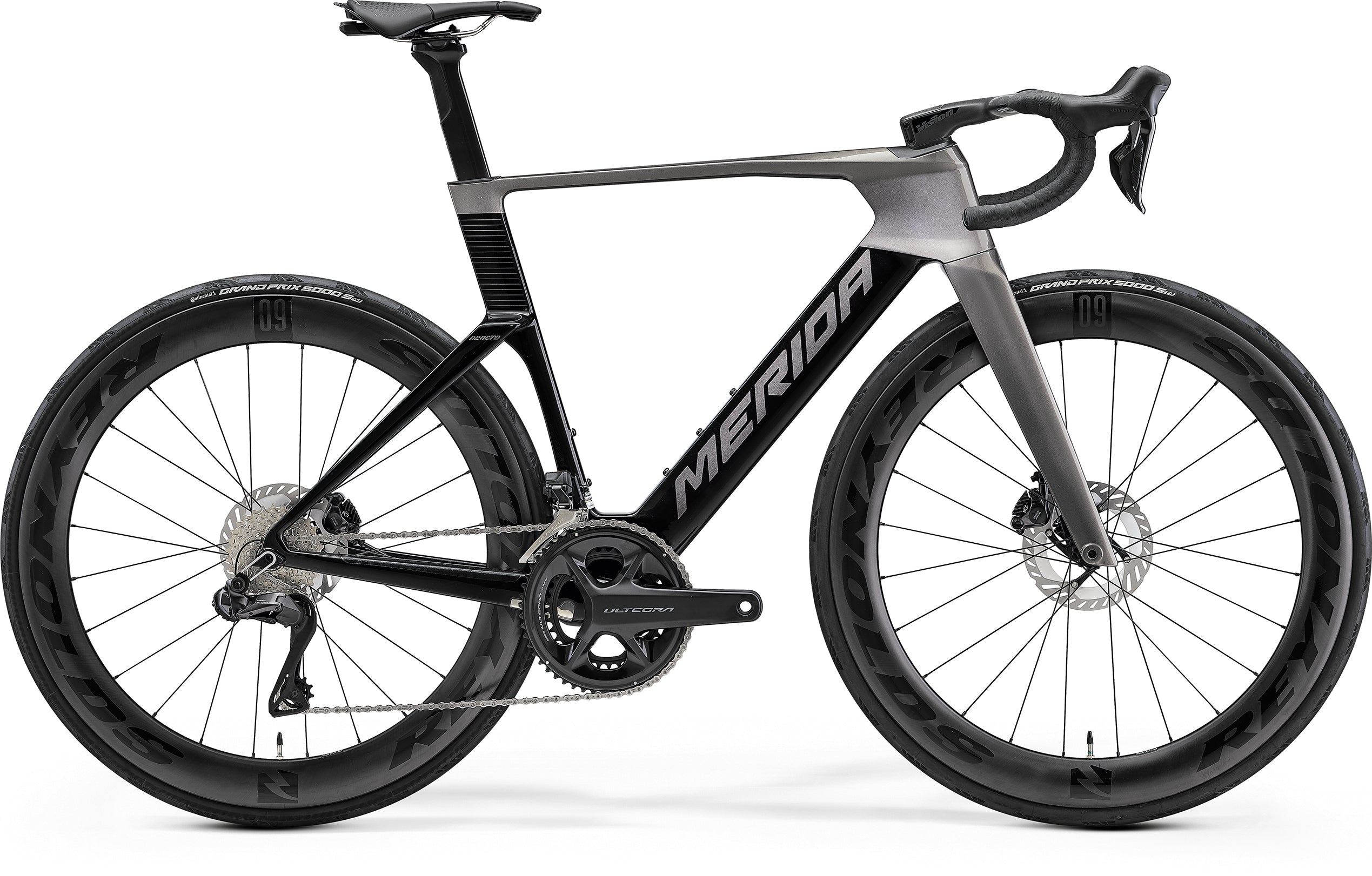 Merida Reacto 8000 road bike with Shimano Ultegra Di2 electronic groupset and Reynolds AR 60 carbon wheels, gray and black design.