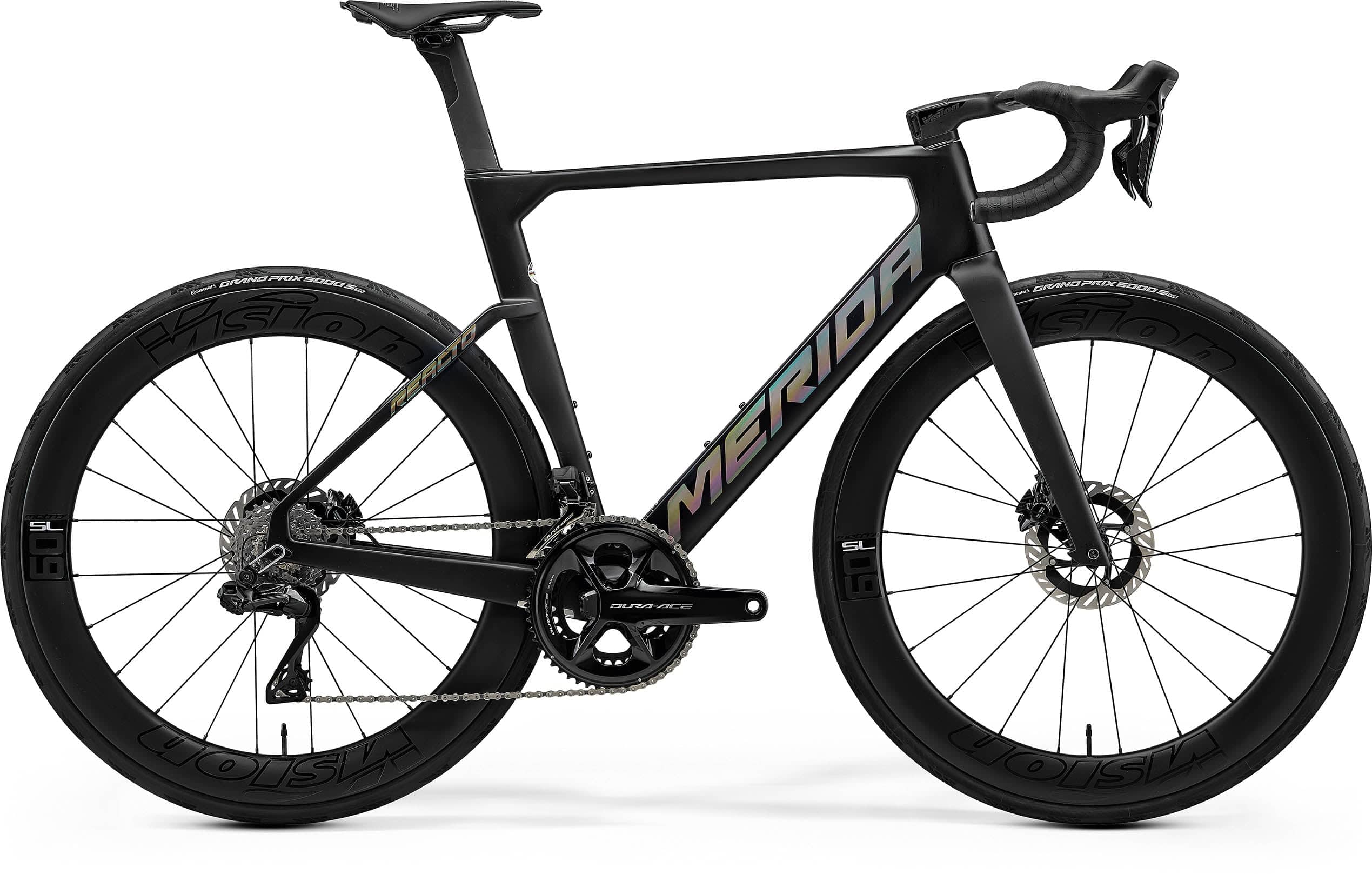 Merida Reacto Team MY26 road bike with Shimano Dura Ace Di2 electronic shifting and hydraulic disc brakes, black and silver design.