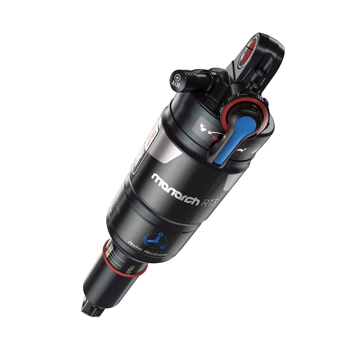 Rock Shox Monarch RT3 rear shock with Solo Air and DebonAir suspension technology, showing the shock's components and branding.