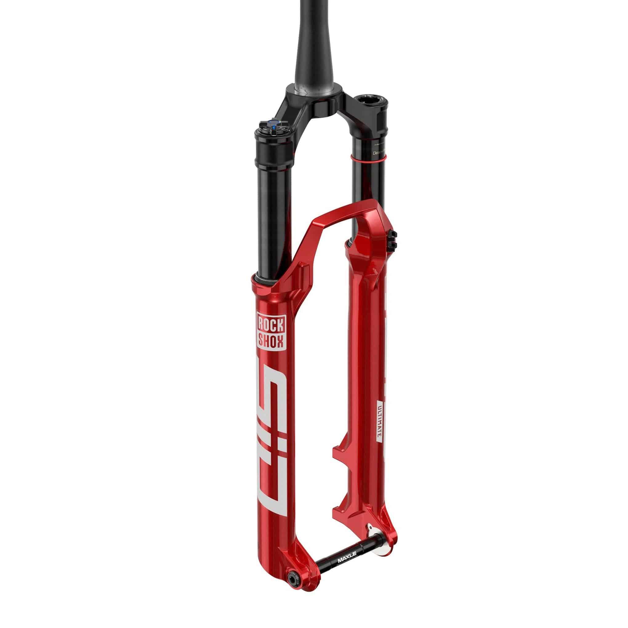 RockShox SID Ultimate Race Day 29-inch boost fork with 15x110mm axle, 120mm travel, 44mm offset in electric red color.
