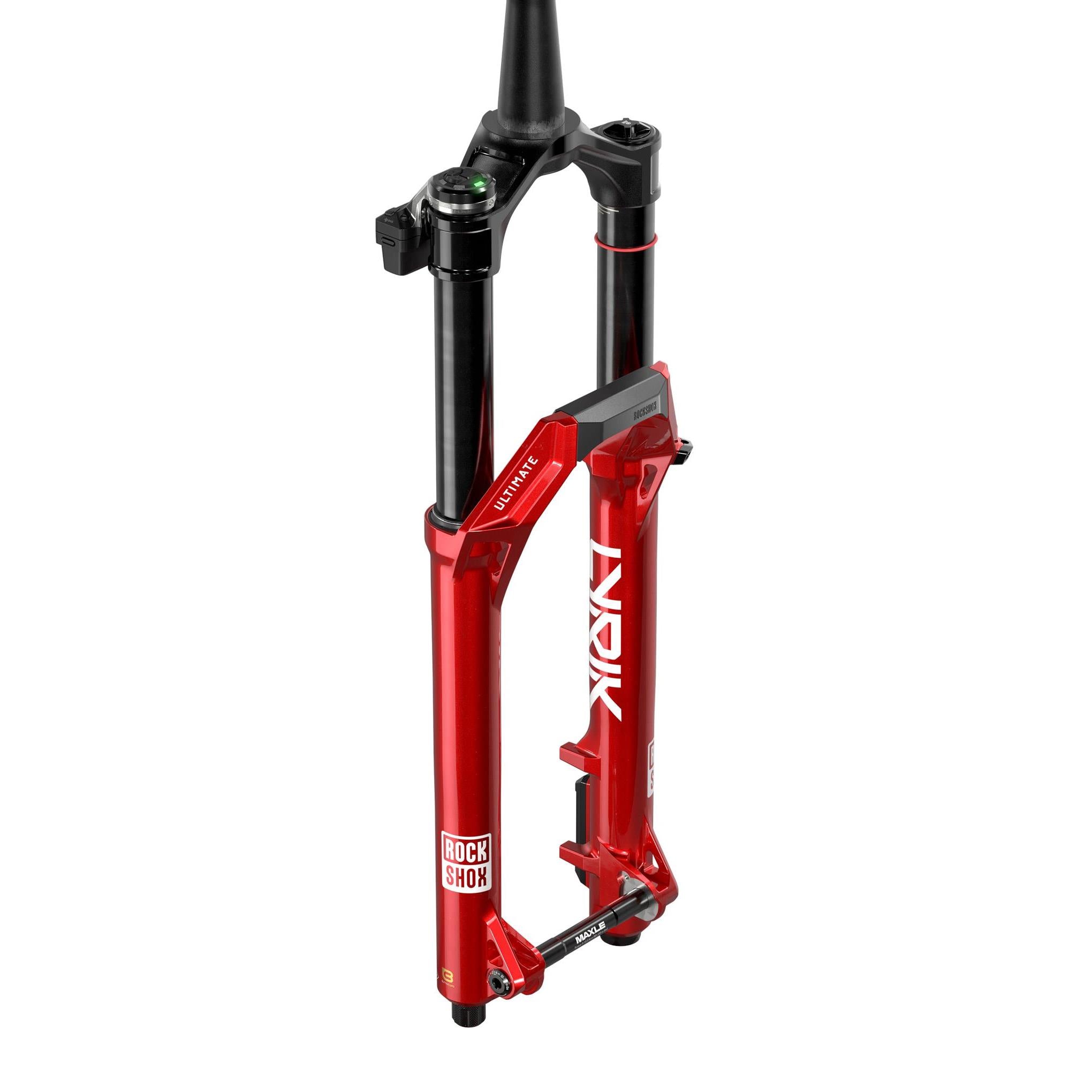 RockShox Lyrik Ultimate Flight Attendant MTB fork with adaptive suspension technology, showing the black and yellow fork components.