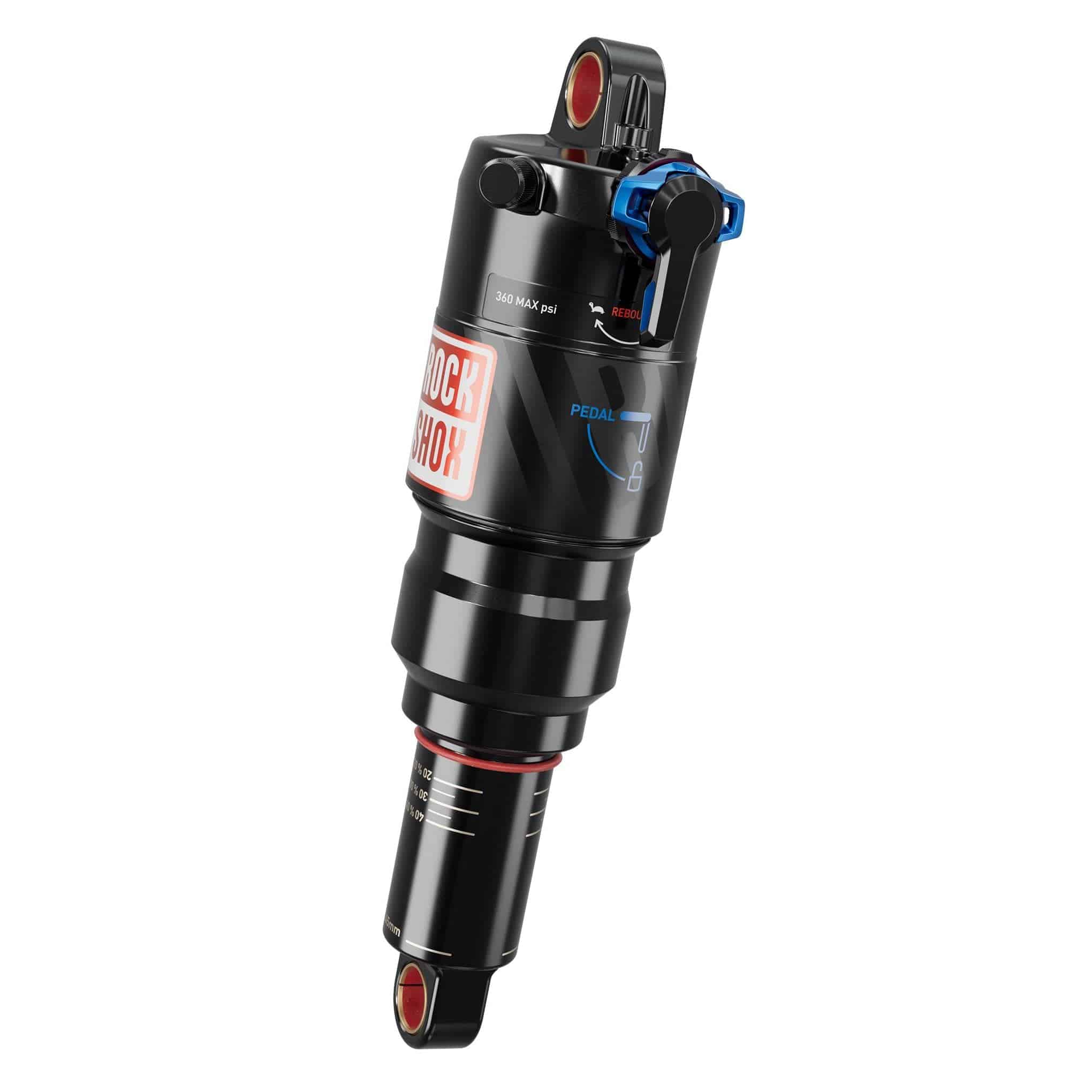 RockShox Deluxe Ultimate RCT rear shock for e-bike, showing the high-performance suspension component with adjustable settings.
