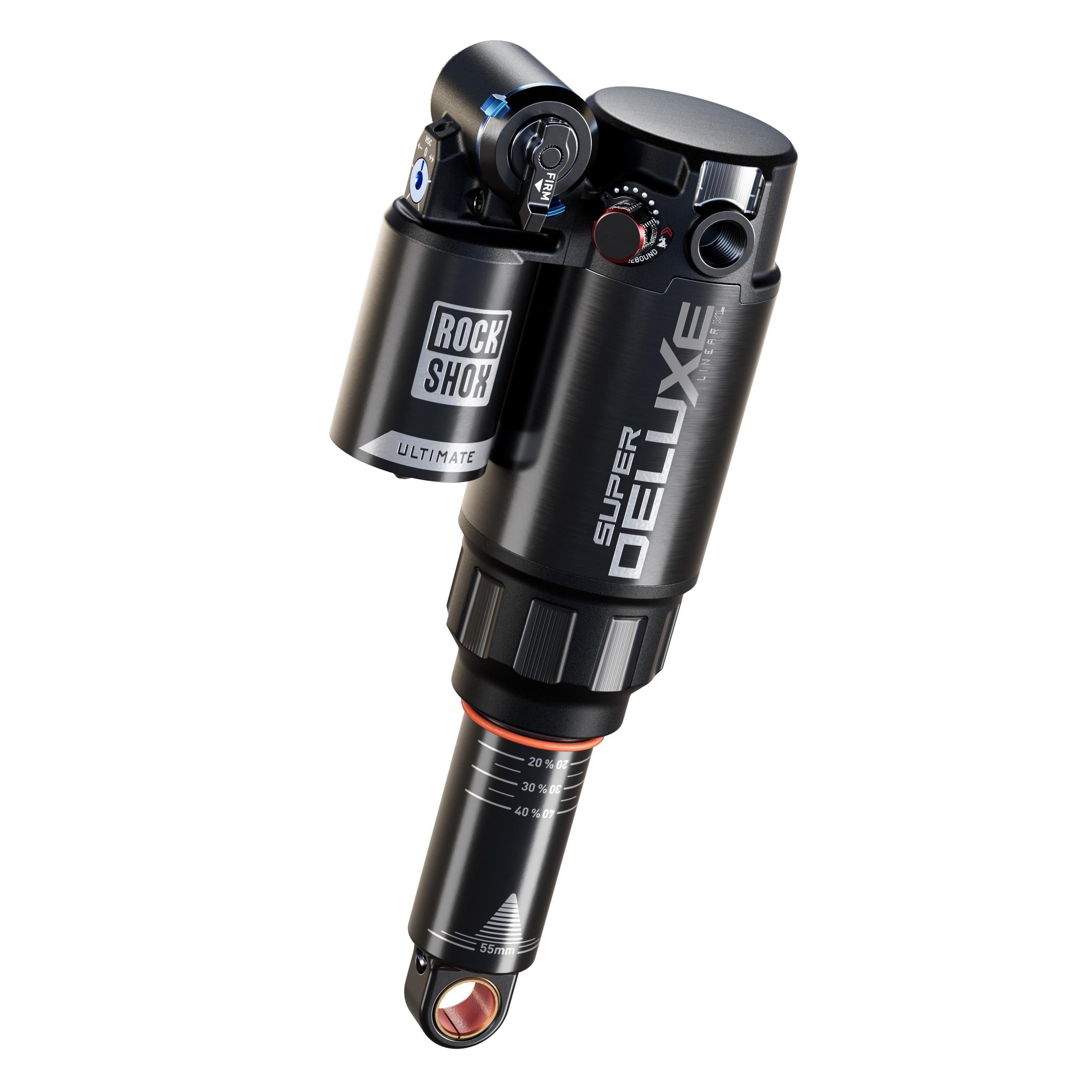 RockShox Super Deluxe Ultimate RC2T MTB rear shock absorber, standard size, with visible components and brand logo.