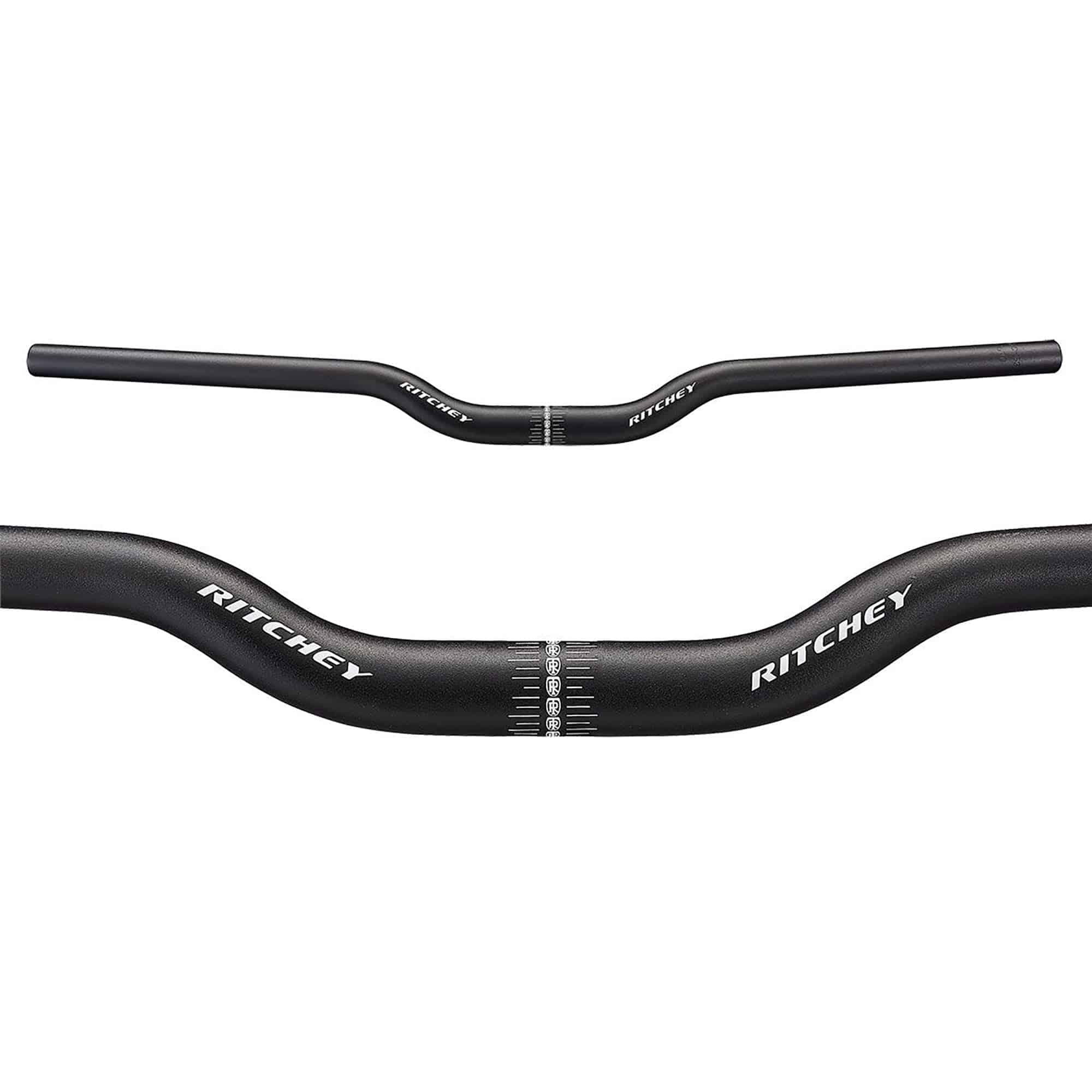 Ritchey RL1 Rizer MTB handlebar in black, 670mm width, 30mm rise, with 25.4mm clamp, mounted on mountain bike.