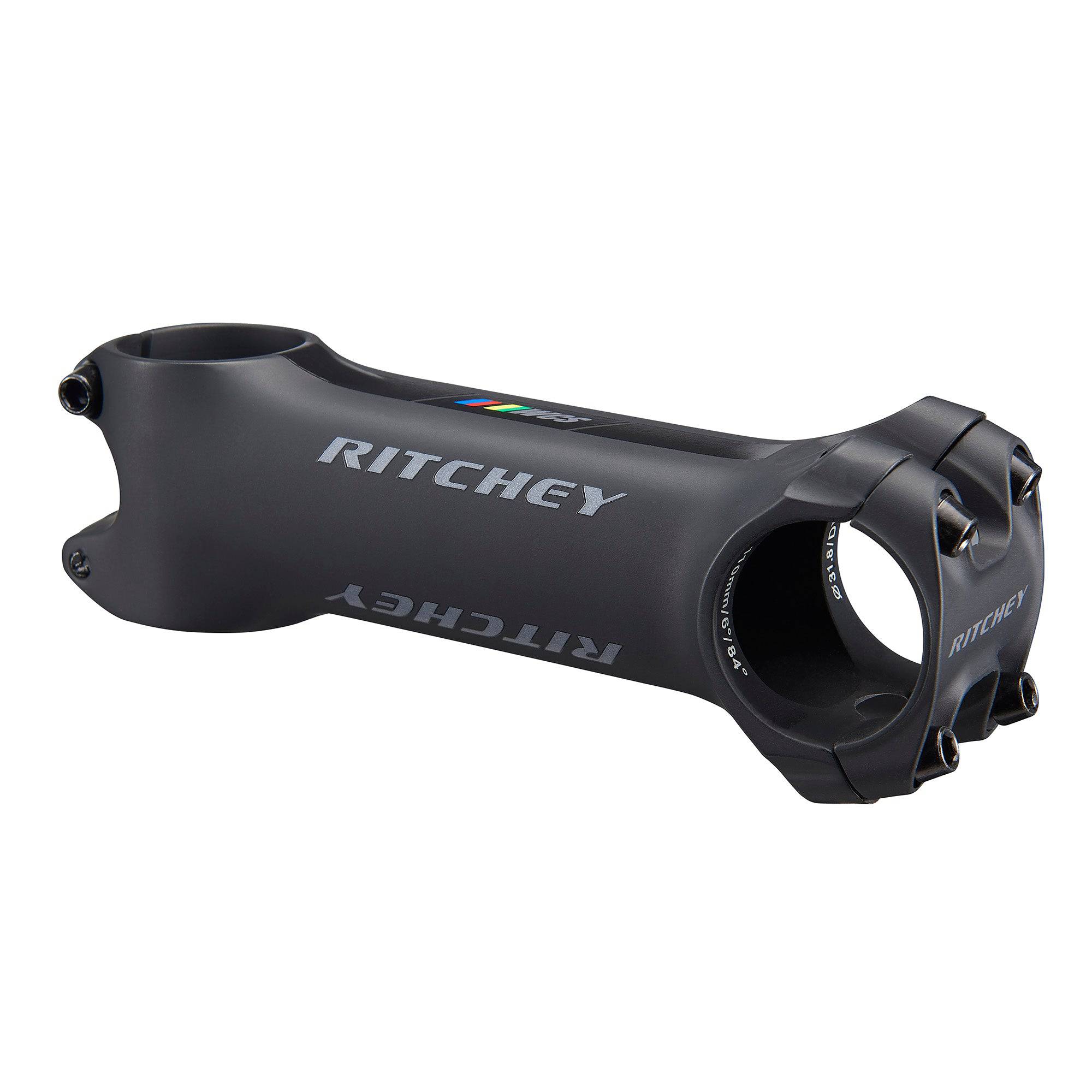 Ritchey WCS Toyon stem for road bikes, 1-1/8" steerer, 220° clamp, adjustable rise, black component with branding details.
