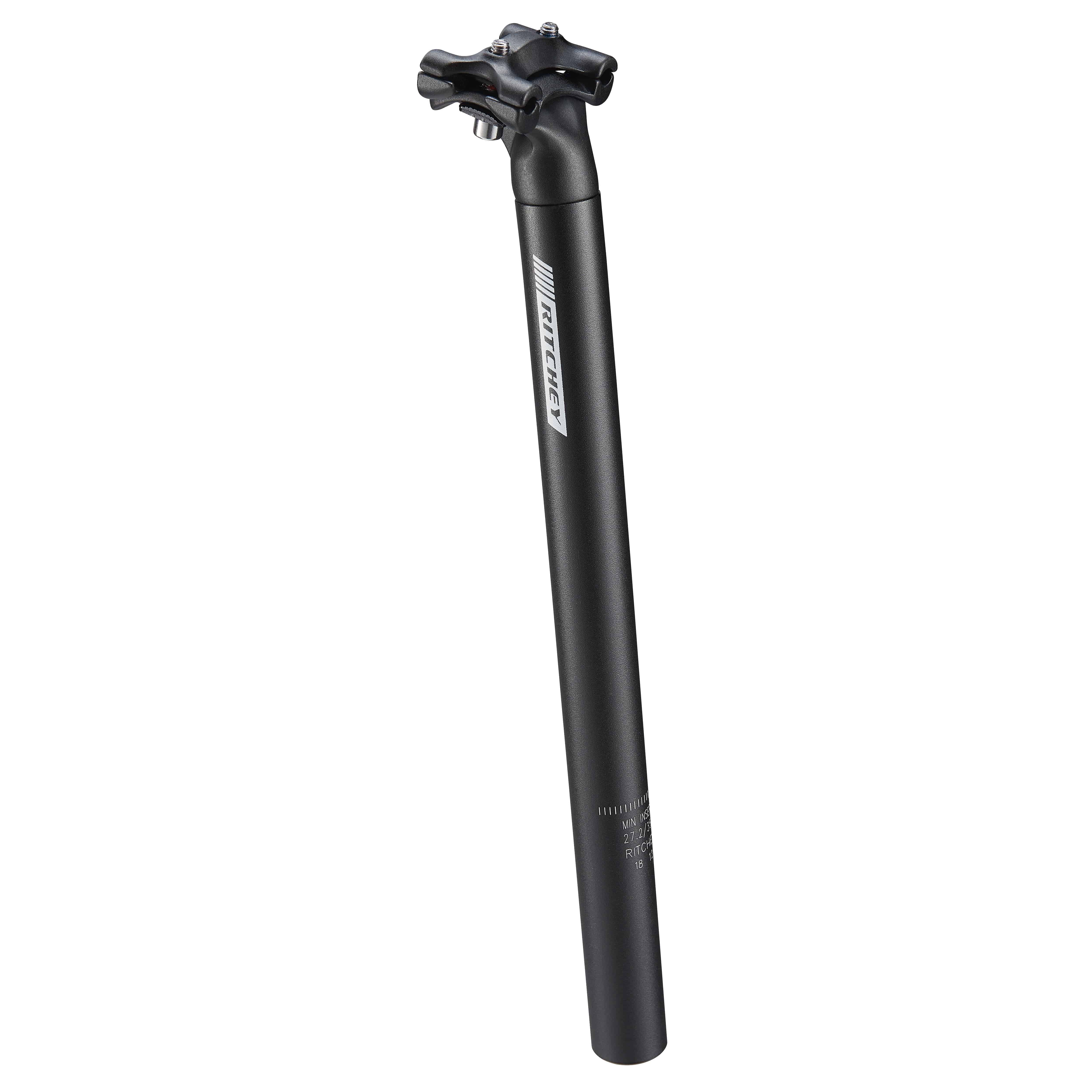 Ritchey 2-bolt seatpost with adjustable clamp showing the sleek metal design and tightening mechanism for precise saddle positioning.