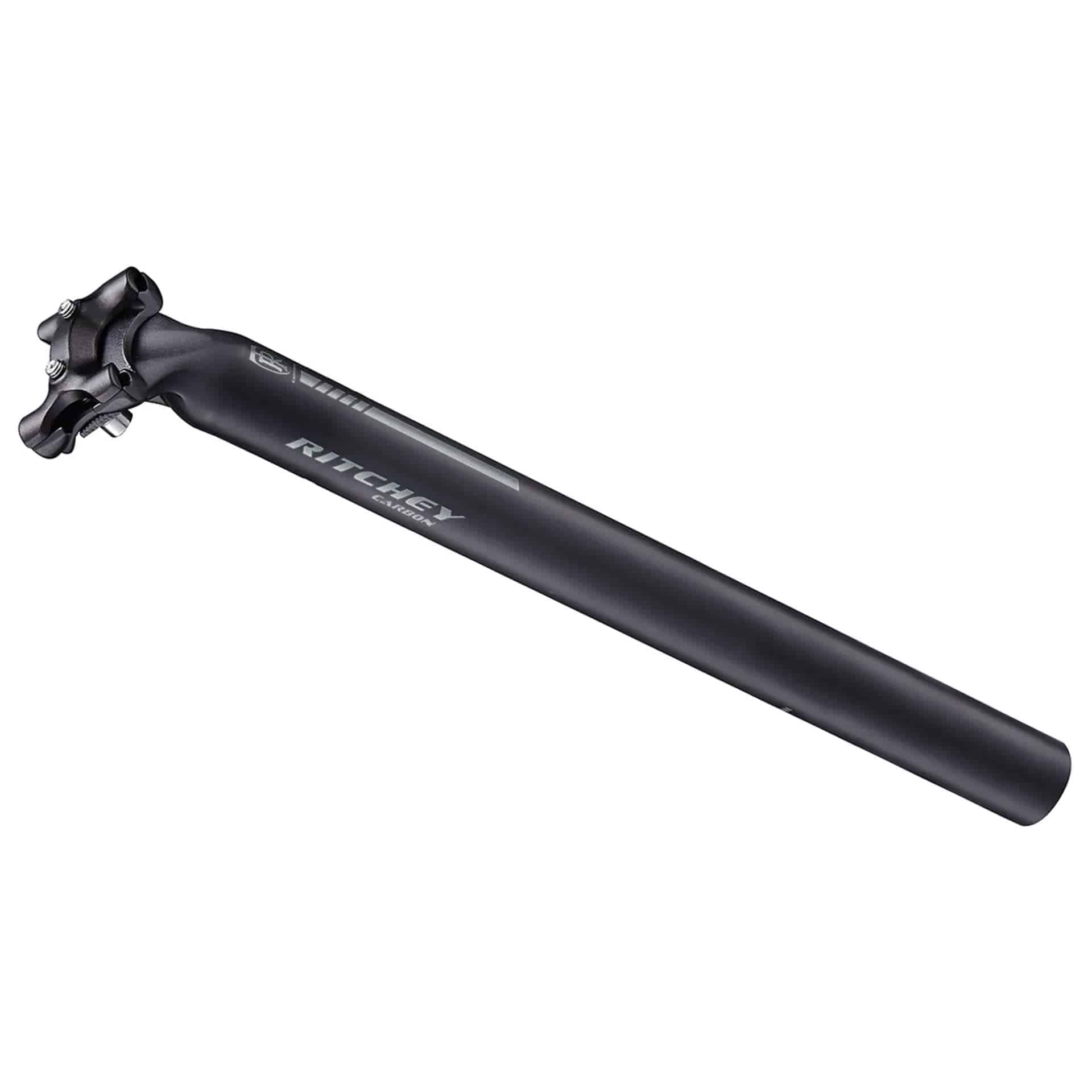 Ritchey Comp Carbon 2-Bolt seatpost made of matte UD carbon fiber for bike component, showing sleek, lightweight design with clamp mechanism.