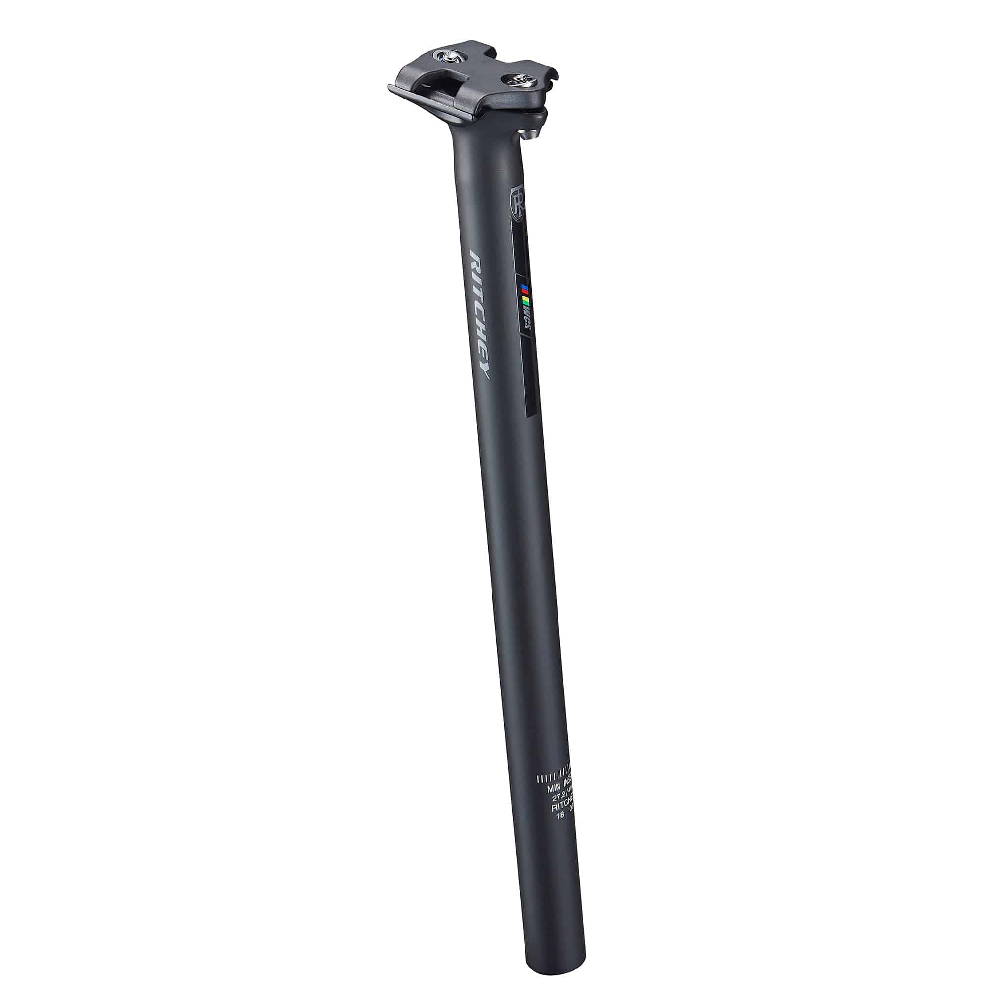 Ritchey WCS Zero Offset Seatpost with 2-bolt clamp in multiple diameters 27.2mm to 31.6mm, showing sleek black design and clamp mechanism.