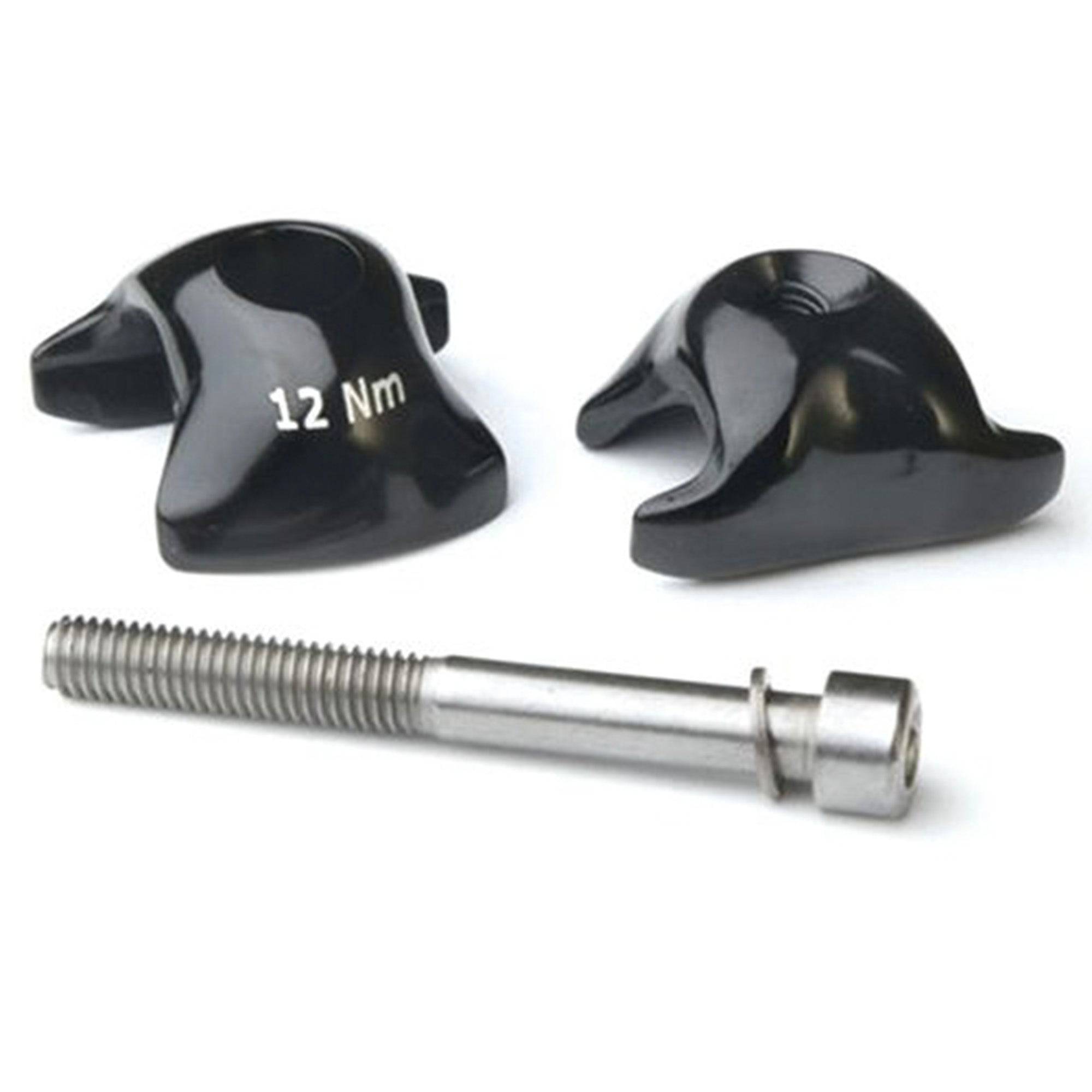 Ritchey WCS Carbon 1-Bolt Rail Clamp for seatposts, close-up view of the black clamp with branding details.