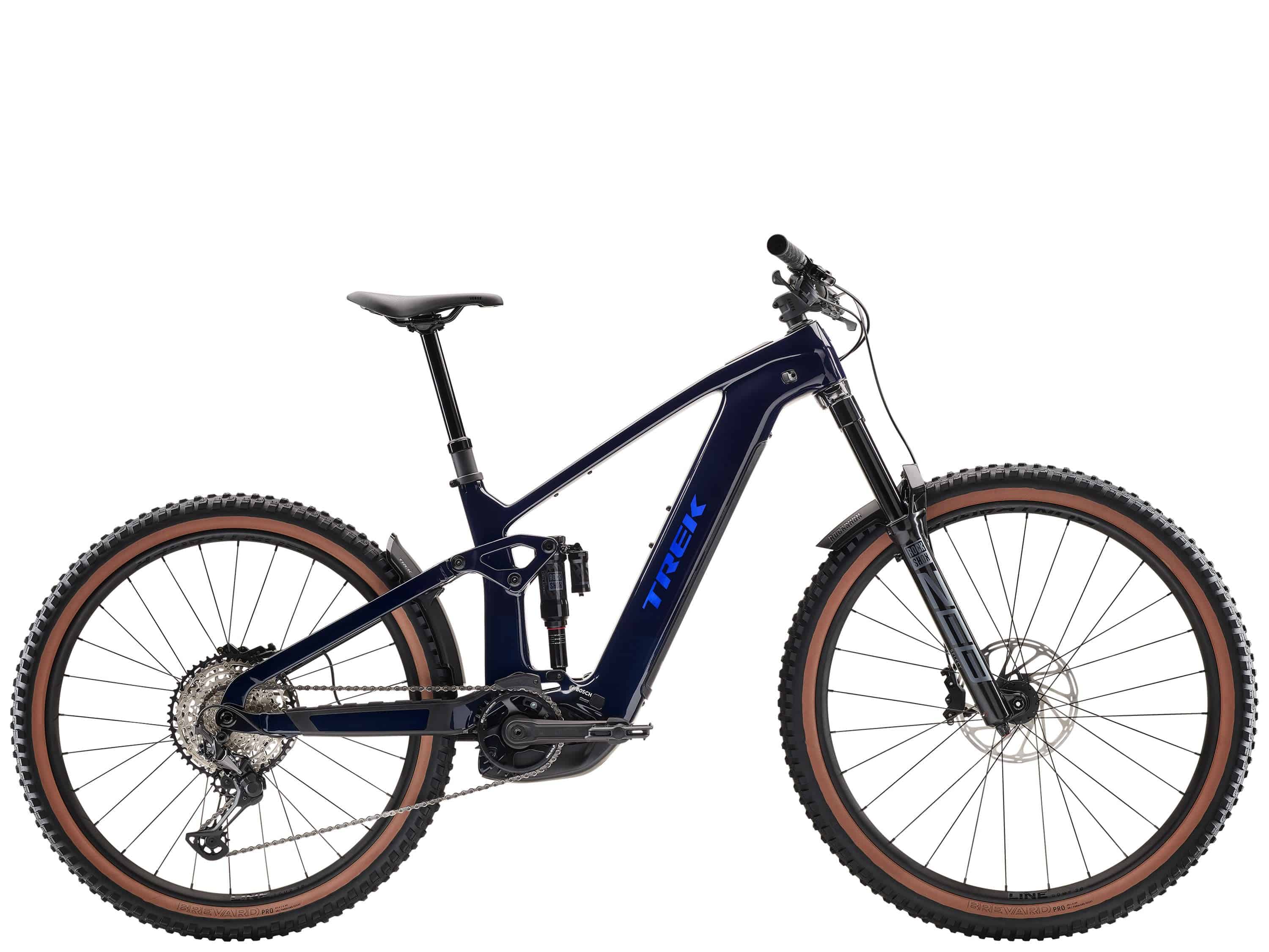 Trek Rail+ 9.7 2025 e-Mountain Bike with Shimano Deore XT components and Gen 5 electric system, shown from the front side.