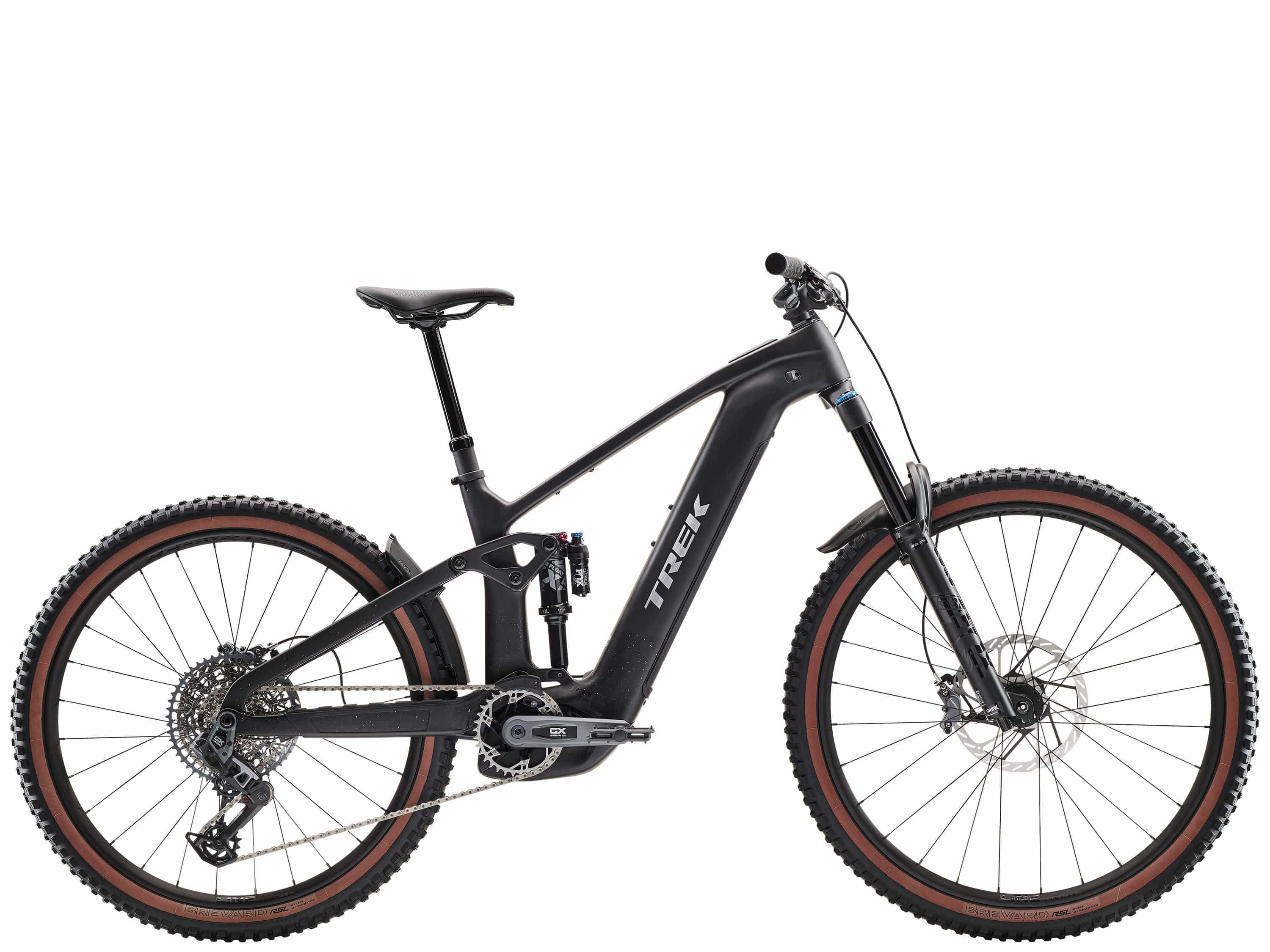 Trek Rail+ 9.8 GX AXS 2025 electric mountain bike with 29-inch wheels and Gen 5 motor, showing the bike frame and suspension.
