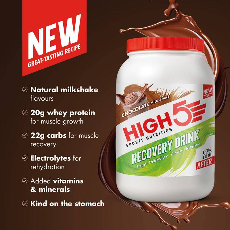 High5 chocolate recovery drink tub, 1.6kg, for post-workout muscle repair and hydration, with a chocolate milkshake flavor.