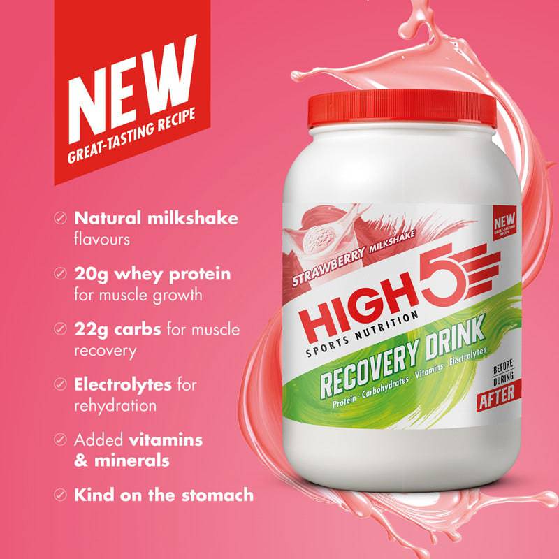 High5 strawberry milkshake recovery drink tub for post-workout muscle repair and hydration, 1.6kg accessories product.