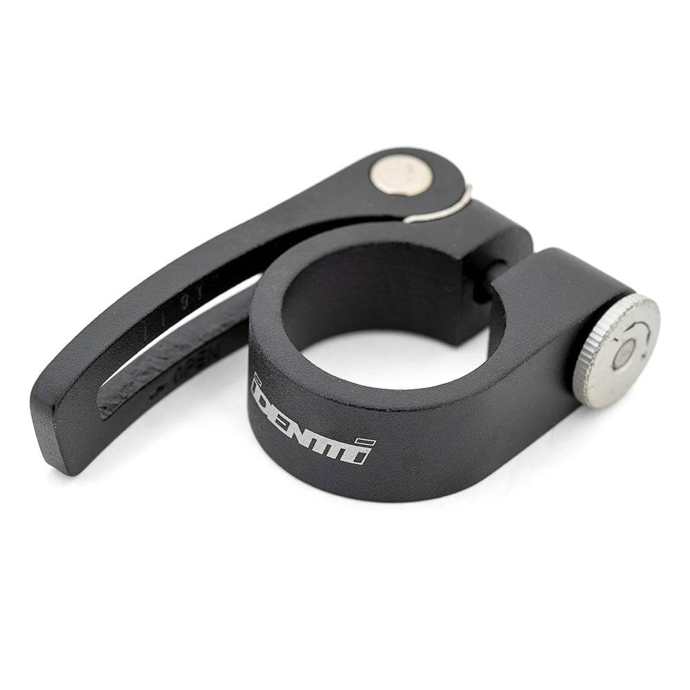 ID quick release seat clamp for easy seatpost adjustment, spare component for bike components, black metal with quick release lever