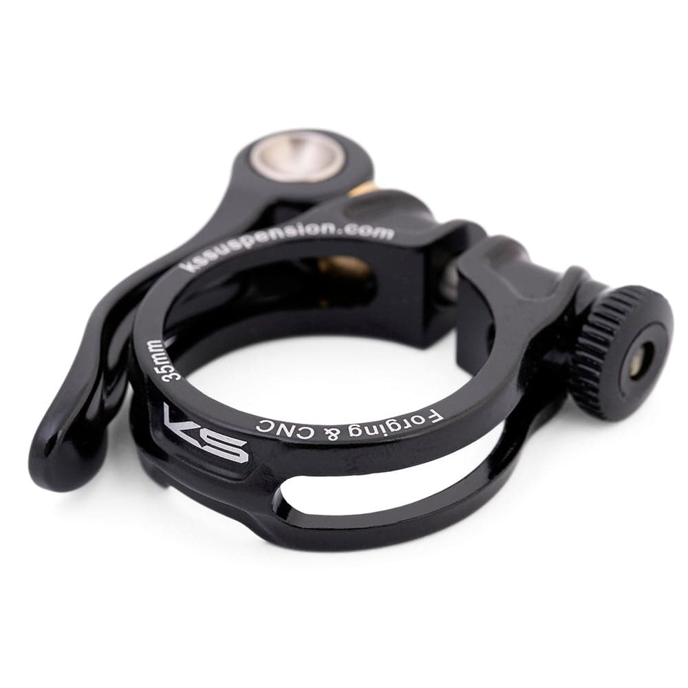 KS Suspension Ether KSSQ seat clamp for ETHER seat masts, CNC aluminum bicycle component showing the clamp design.