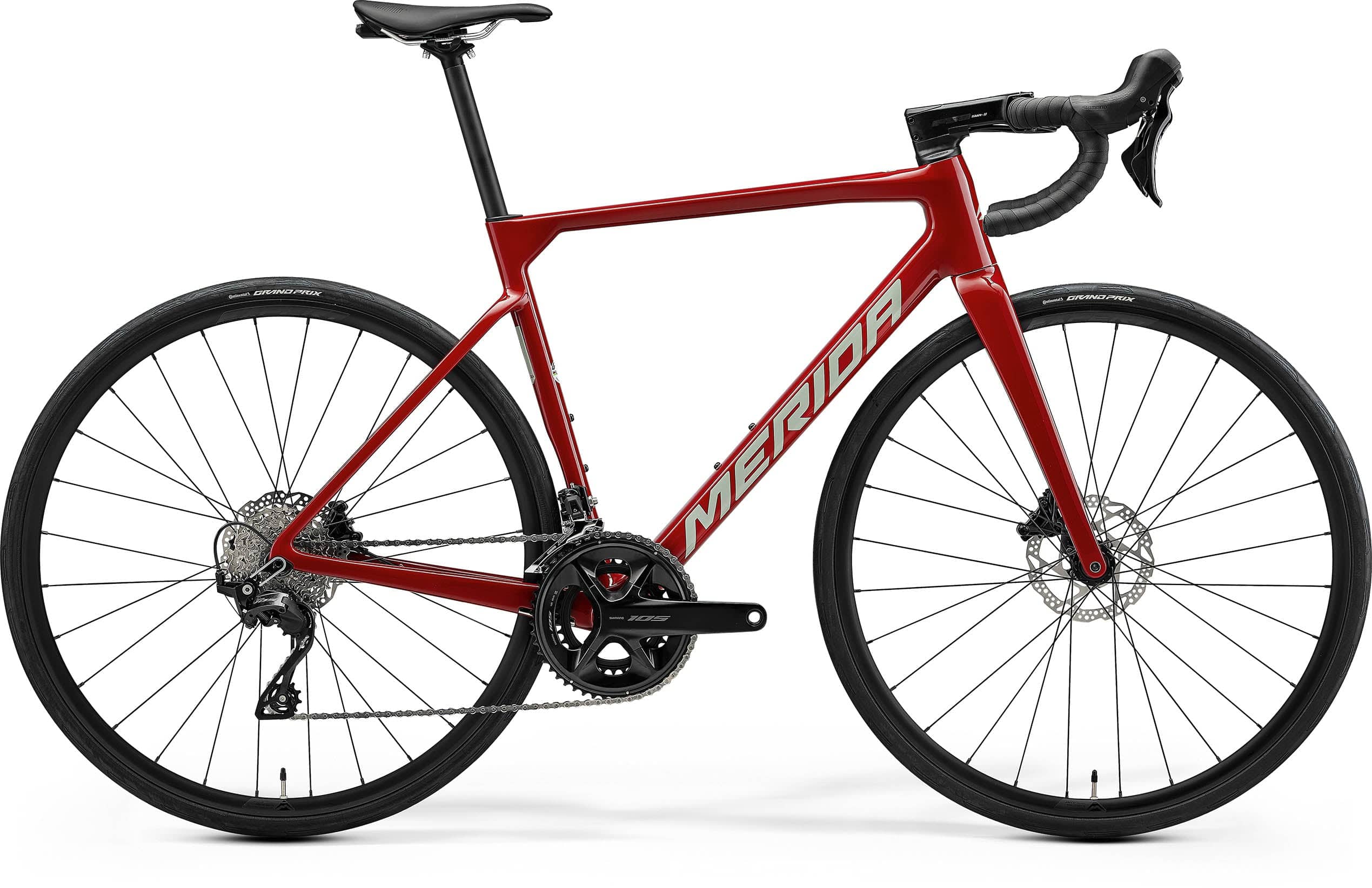 Merida Scultura 4000 MY26 road bike with Shimano 105 GS components and disc brakes, shown in red and gray.