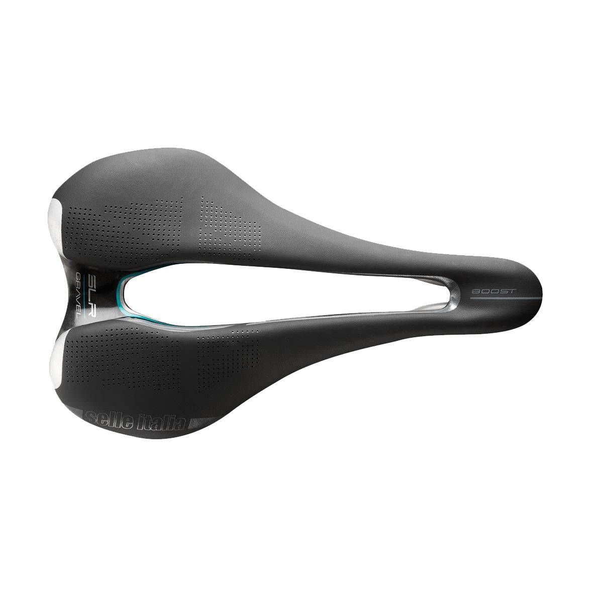 Selle Italia SLR Boost Gravel Ti316 Superflow saddle with light gel padding and high-visibility inserts, designed for gravel biking.