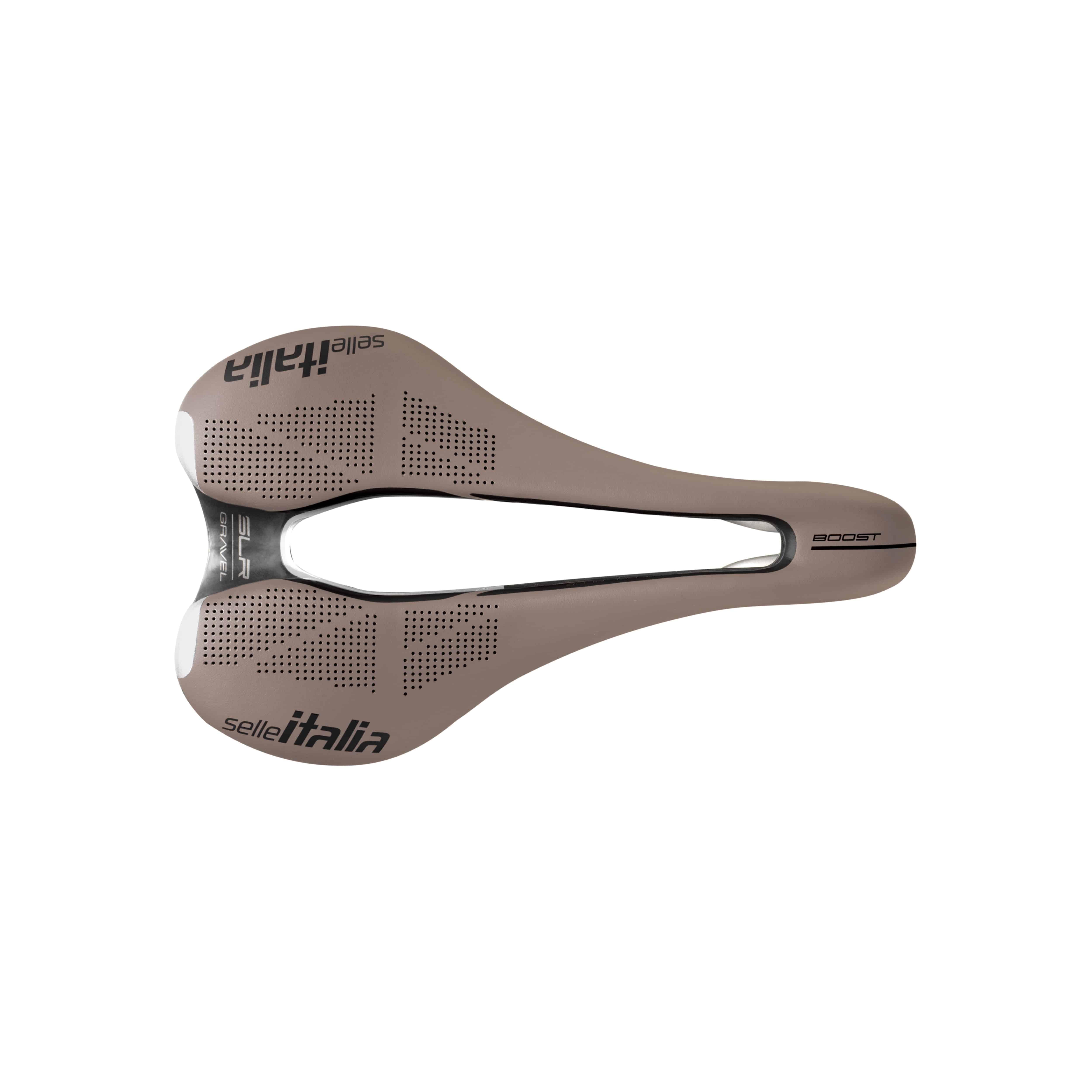 Selle Italia SLR Boost Gravel Ti316 Superflow saddle with light gel padding and high-visibility inserts, designed for gravel cycling.
