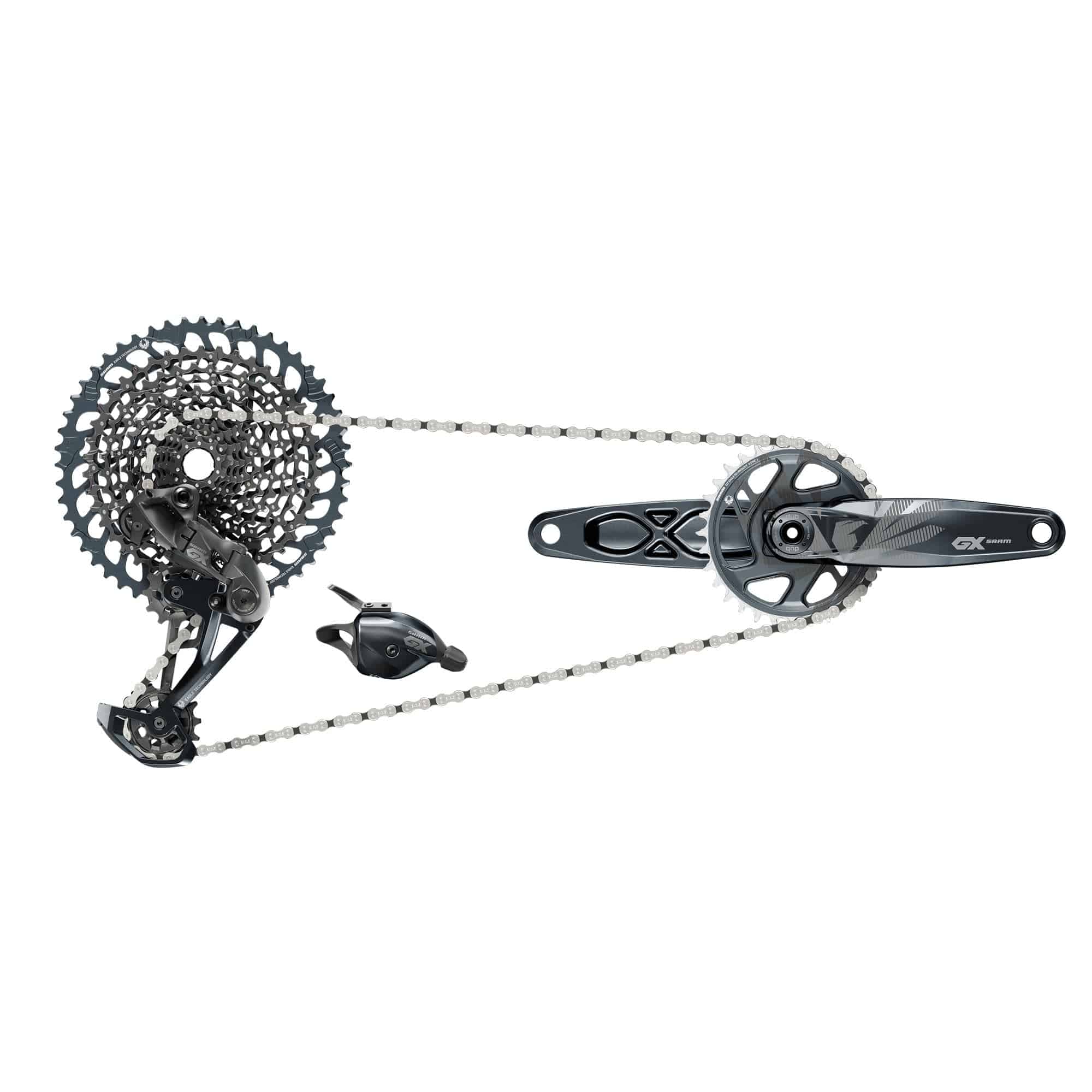 Sram GX Eagle DUB Boost 12-speed MTB groupset with rear derailleur, shifter, crankset, chain, cassette, and chaingap gauge.