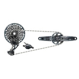 Sram GX Eagle DUB Boost 12-speed MTB groupset with rear derailleur, shifter, crankset, chain, cassette, and chaingap gauge.