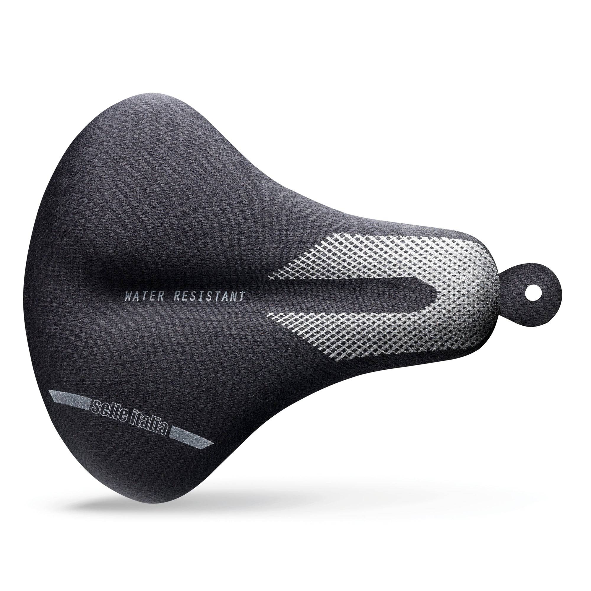 Selle Italia Comfort Booster unisex saddle cover with carbon rail chassis, designed for bike seats, in black with padding and adjustable straps.
