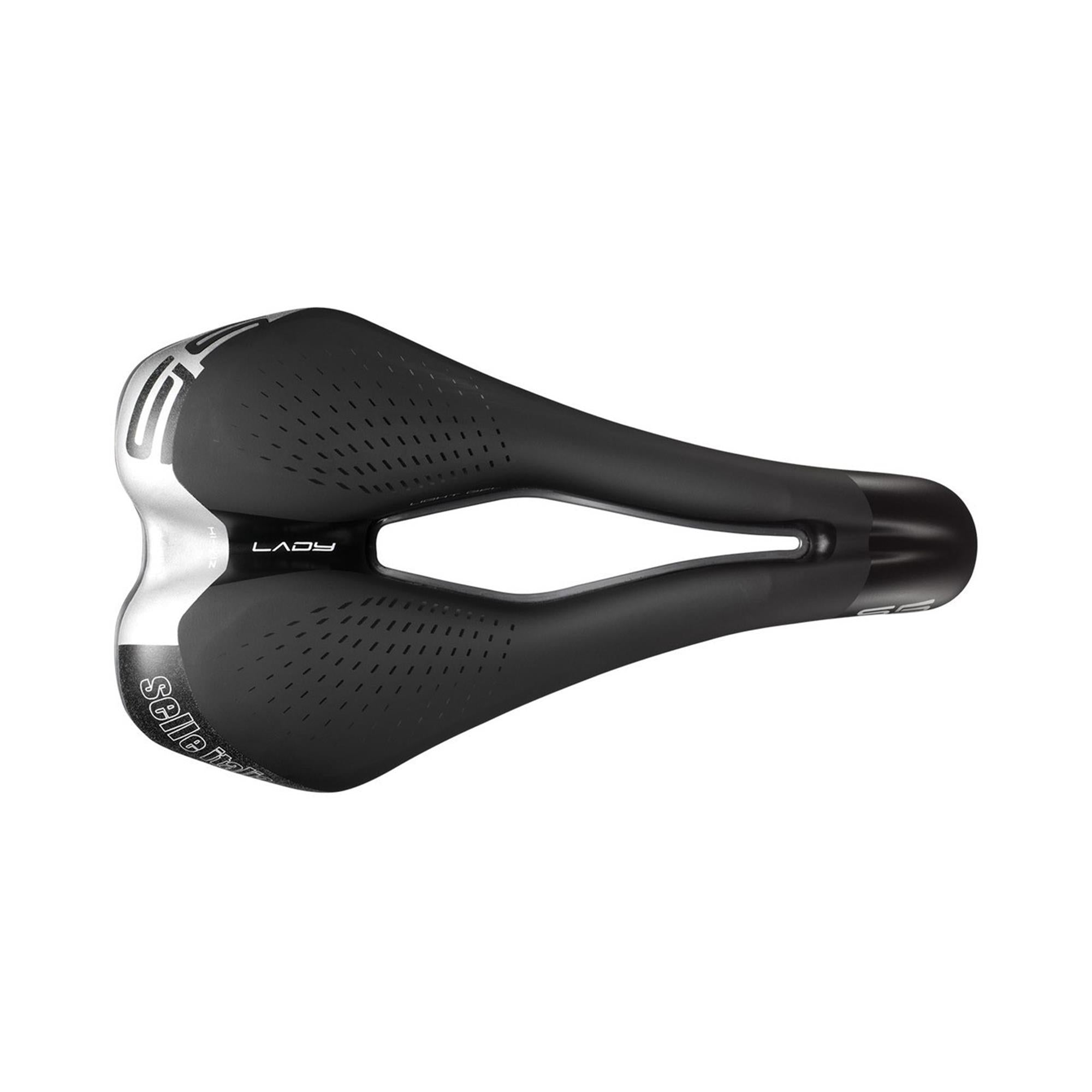 Selle Italia S5 Lady Superflow commuter saddle with gel padding and hi-viz reflective inserts, designed for comfortable cycling.