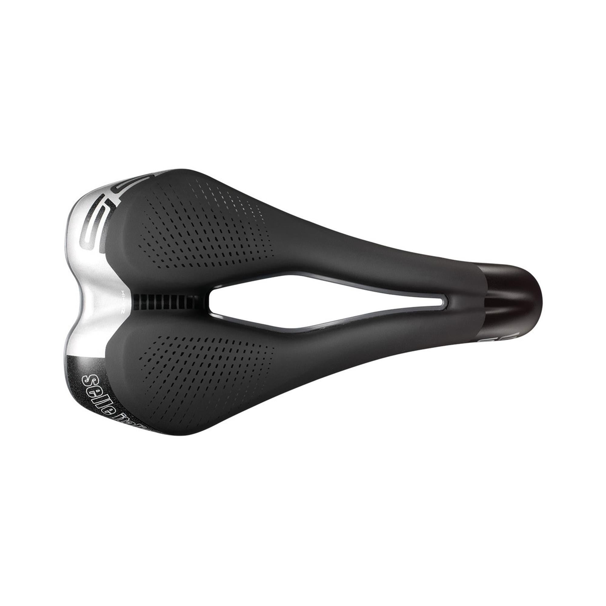 Selle Italia S5 Superflow commuter saddle in black with gel padding and reflective inserts, designed for bike comfort and safety.